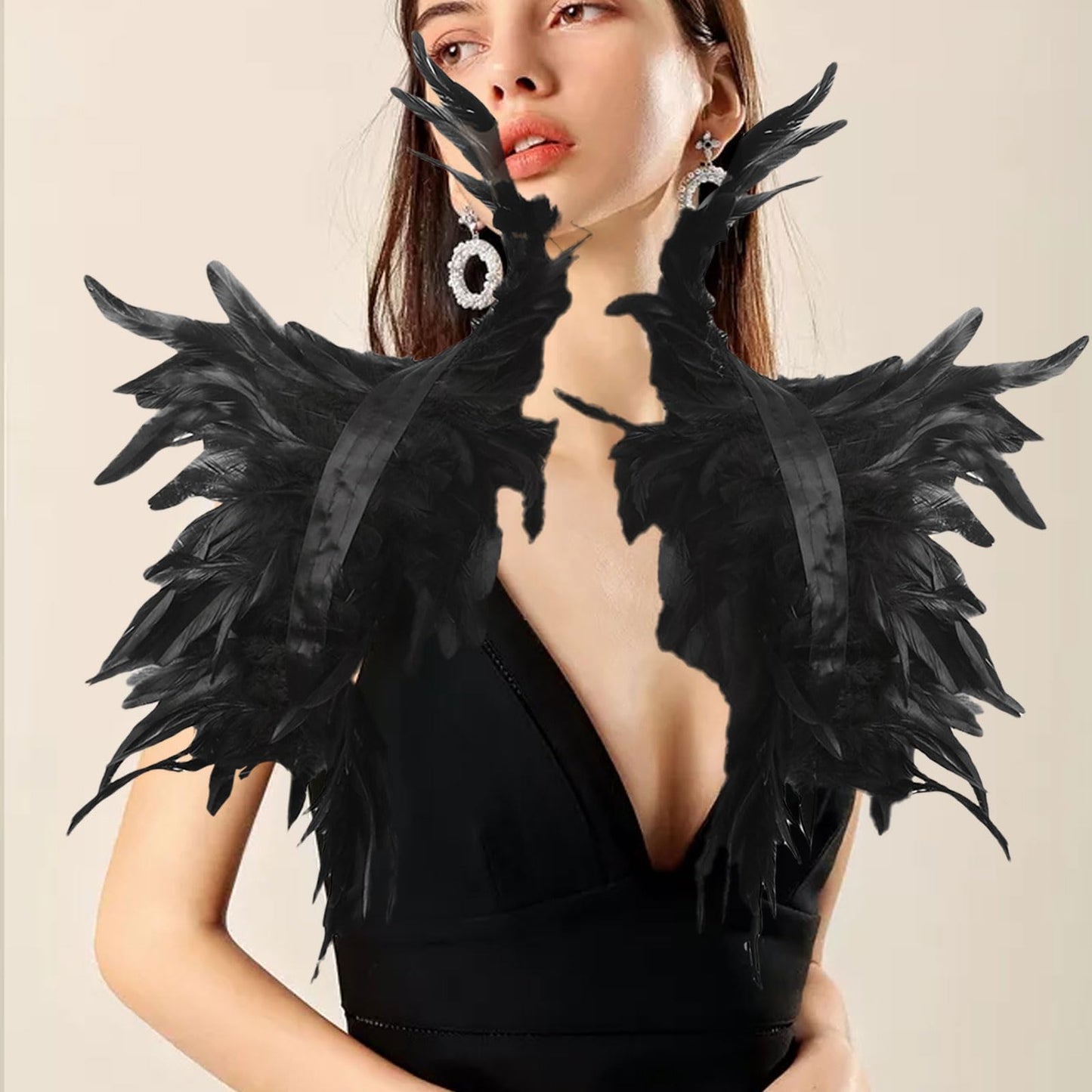 Women Natural Feather Cape with Wrist Cuffs Wristband Maleficent