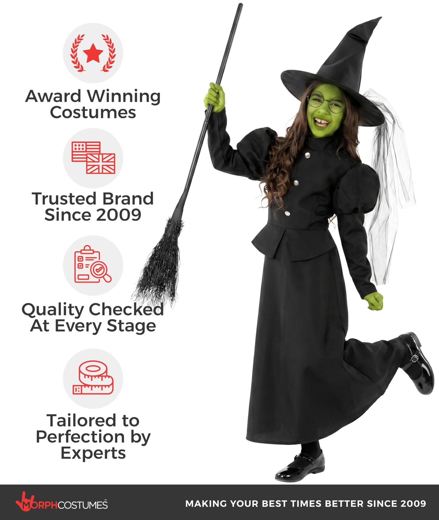 Morph Wicked Witch Costume For Girls, Kids Witch Dress, Wicked Halloween Costumes For Kids L