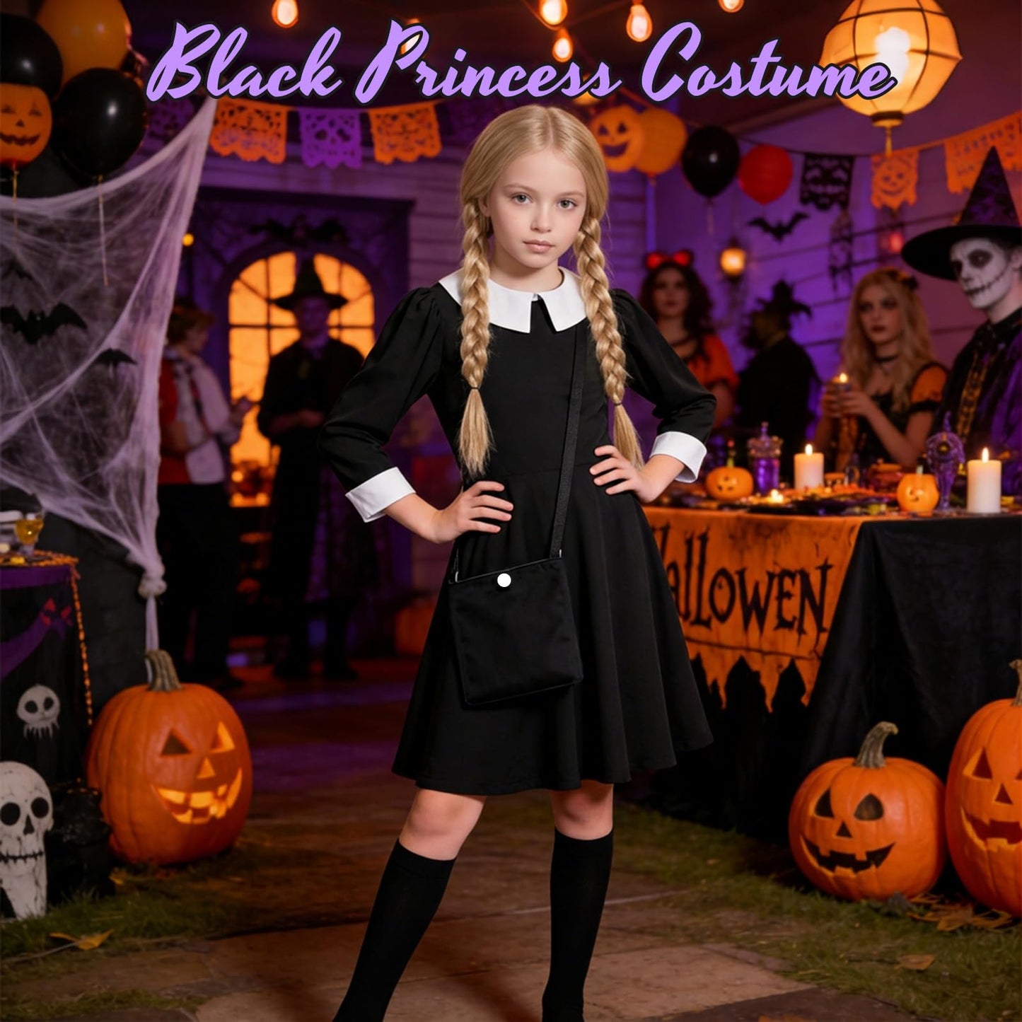 YAEGIMHT 5PCS Black Gothic Princess Costume Set for Girls, Kids Fancy Dress Outfit with Skirt, Wig, Socks, Necklace & Bag for Halloween Party Cosplay (140)