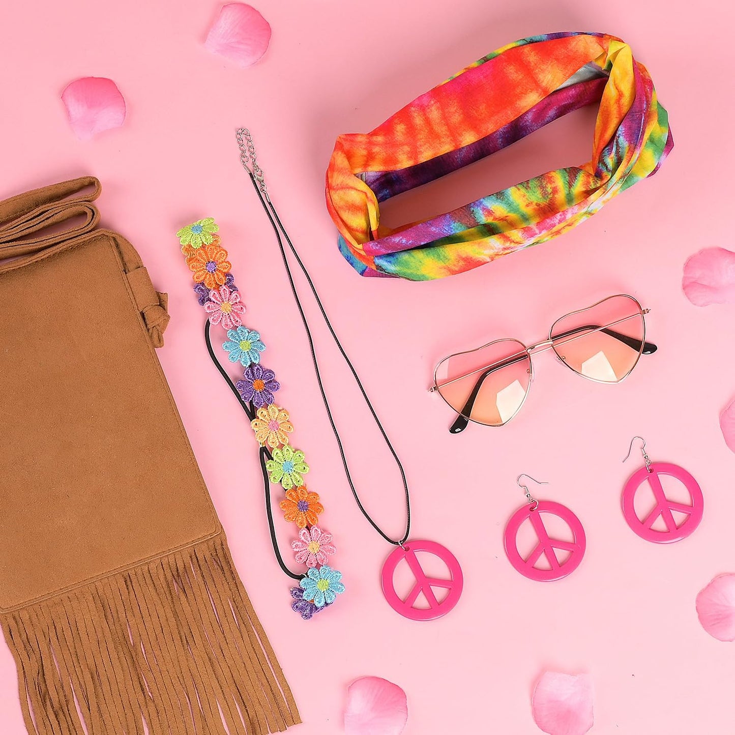 iZoeL 70s Hippie Costumes Women Hippie Clothes Teen Girls Boho 70s Costume 80s Accessories 60s Retro Festival Outfit - Top Bag Sunglasses Peace Necklace Headband- Retro Disco Fancy Dress