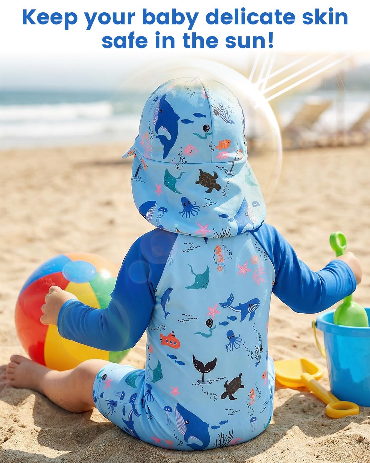 JiAmy Baby Boys Swimming Costume with Sun Hat Long Sleeve Zip Up Rash Guard Sun Protection Beach Infant Toddler Baby Swimsuit One Piece Bathing Suits Dark Blue 6-9 Months