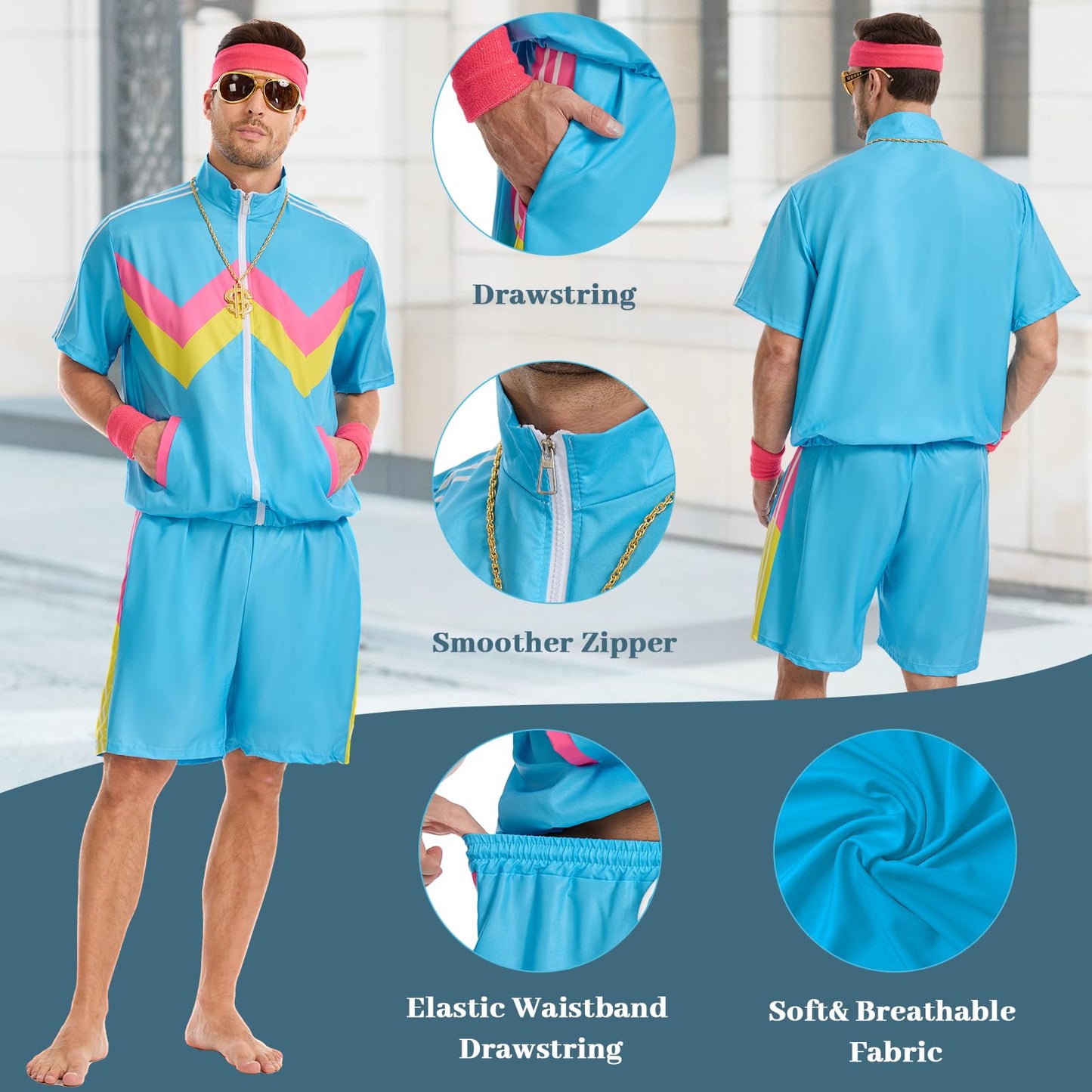 OPAEHJF 80s Outfit for Men Women,Retro Shirts and Shorts Set, 80s Themed Party Halloween Costumes (Blue, S)