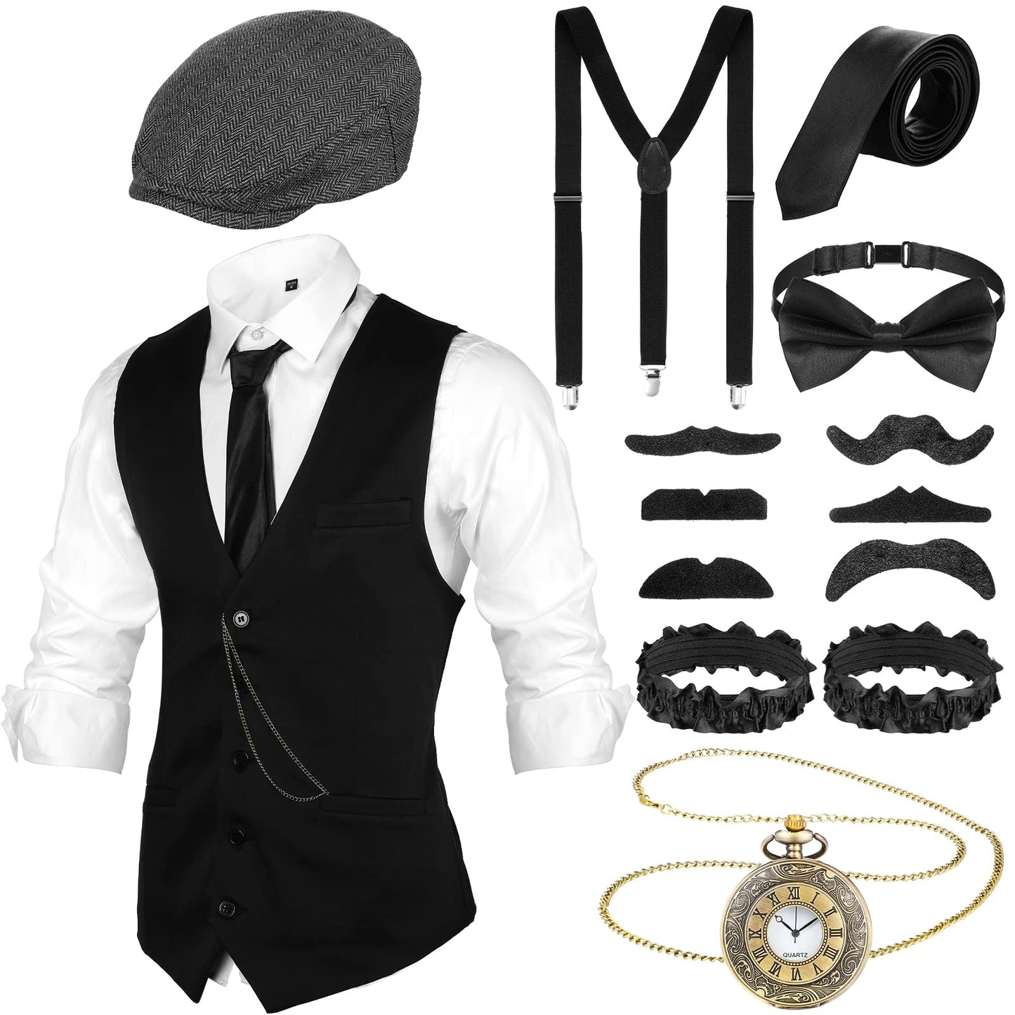 1920s Mens Gangster Costume Accessories Set - Vest - Newsboy Hat