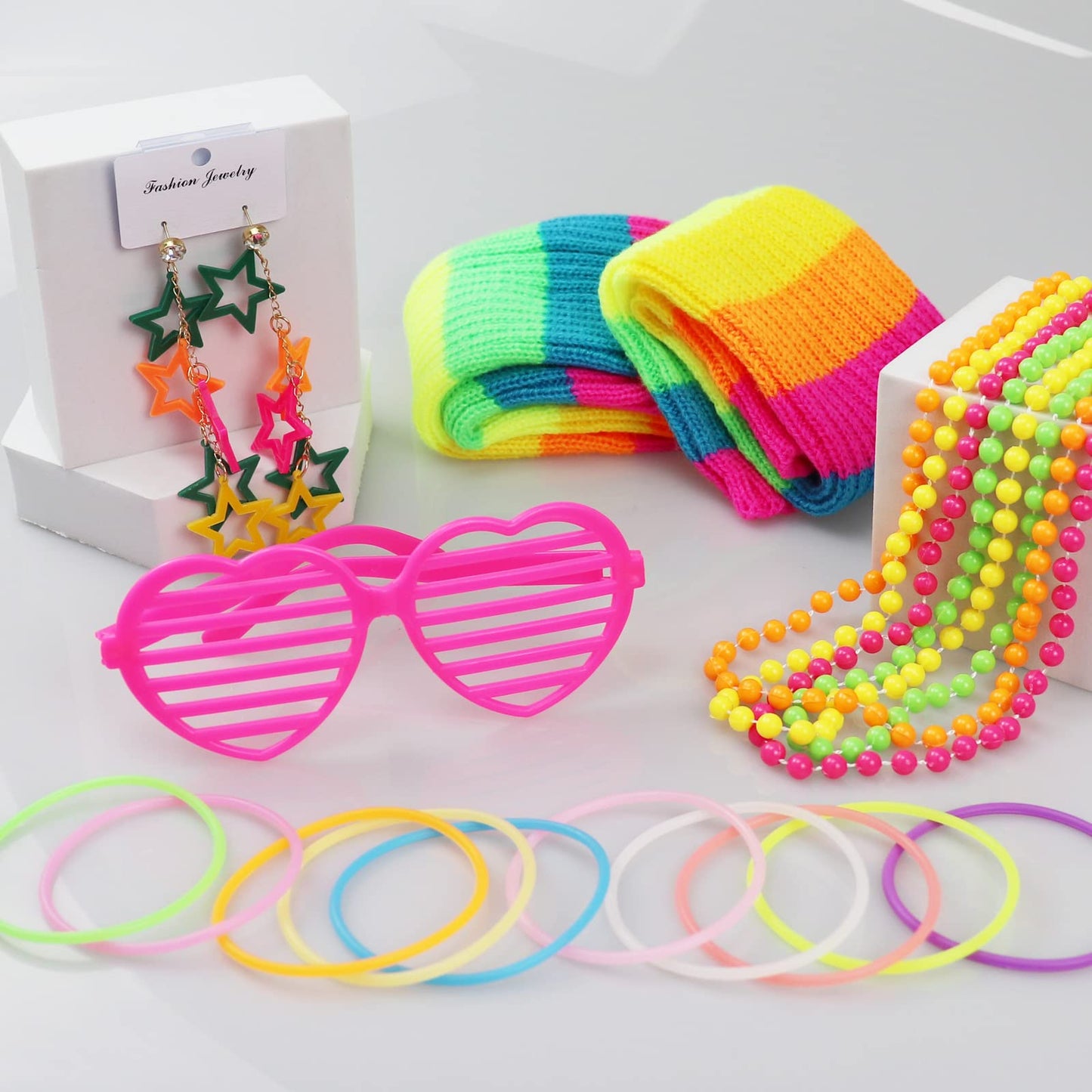 80s Fancy Dress for Women, 1980s Party Rainbow Costume Accessories Set Tutu Skirt Leg Warmers Fishnet Gloves Glasses Earrings Bracelet Necklace Headband, Retro Outfit for 80s Party, Dress up Day