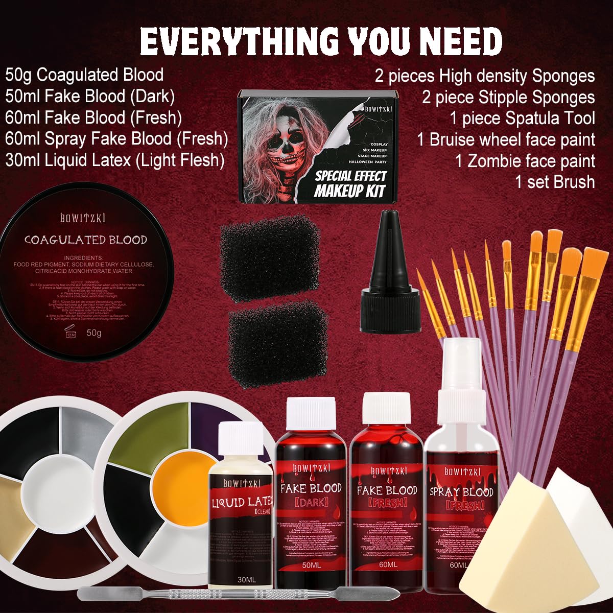 Bowitzki Professional SFX Makeup Kit – Special Effects Makeup Kit with Fake Blood, Coagulated Blood, Liquid Latex, Bruise & Zombie Face Paint for Halloween, Cosplay, Horror FX, Theater