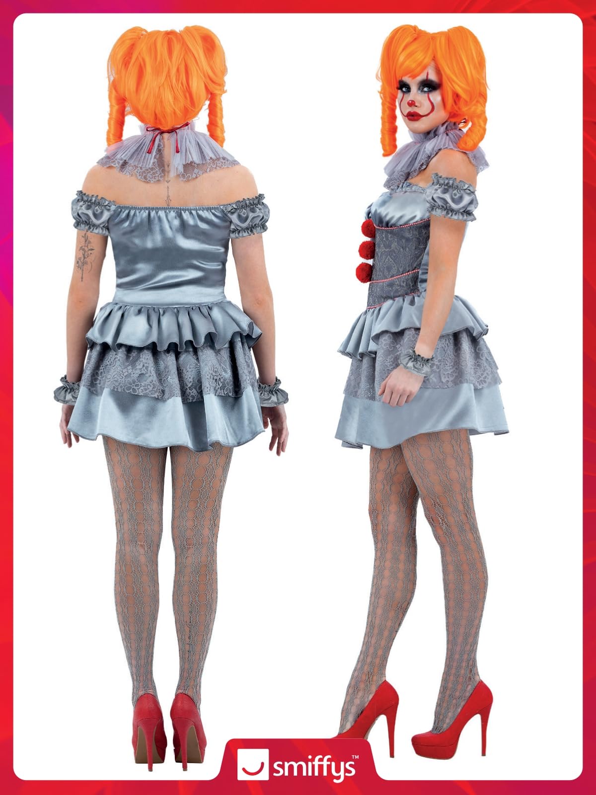 Smiffys IT Chapter Two Pennywise Ladies Costume for Adults, Mini Dress with Sleeves, Neck Ruffle, and Tights, Grey, Officially Licensed, Ideal for Halloween and Matching Fancy Dress Parties