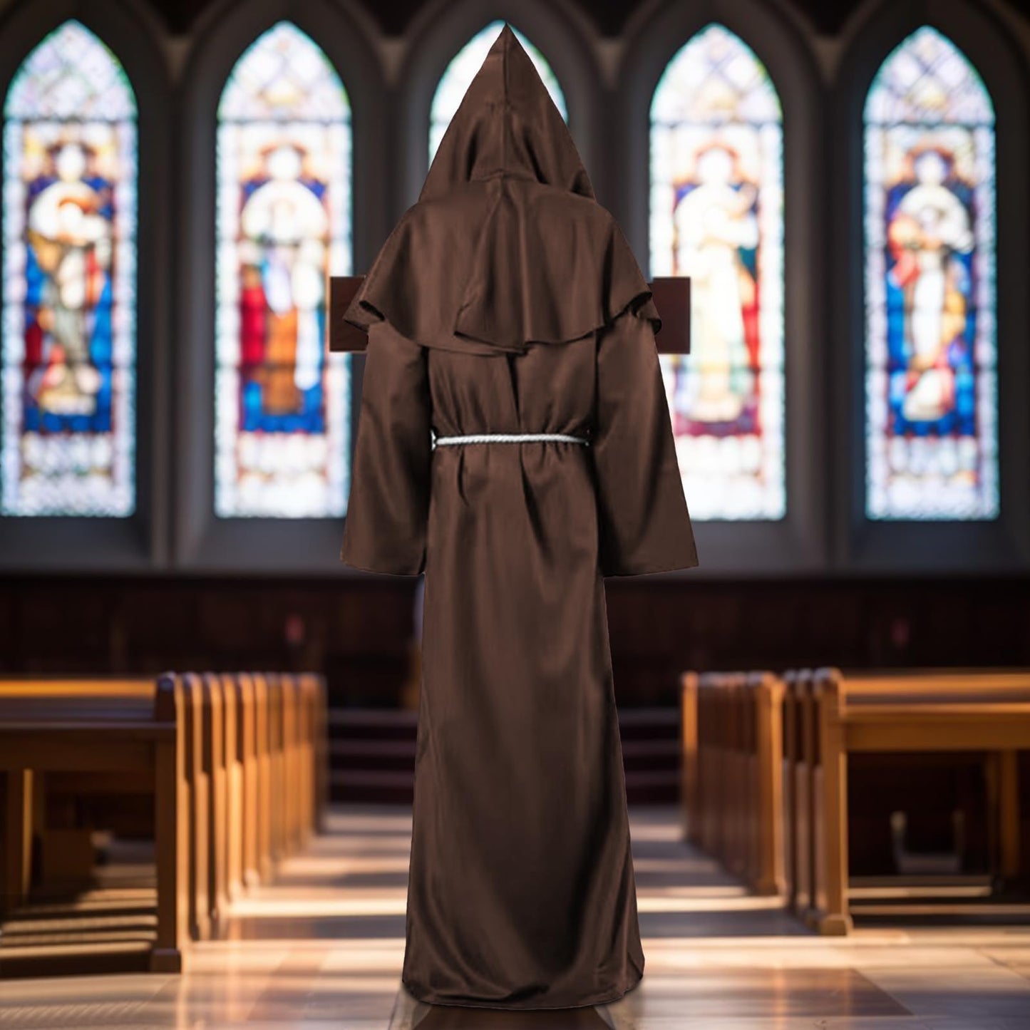 Medieval Renaissance Robes Hooded Monk Cloak with Hood Costume and Cord Burgundy Men's Priester Fancy Dress Outfits with Cross for Theme Party Halloween Cosplay Carnival For Adults (Brown, S)