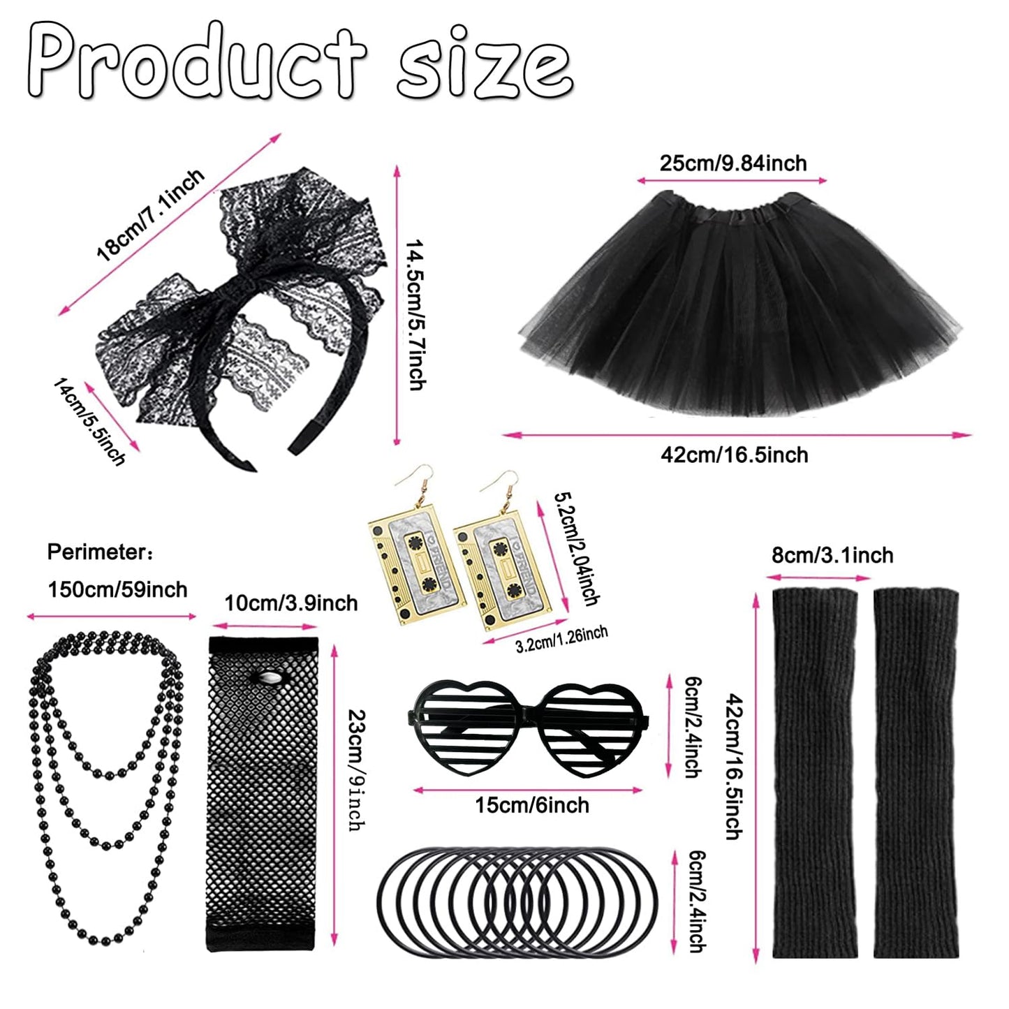 Ronilp 80s Fancy Dress for women,1980s Fancy Party Black Costume Accessories Set, Tutu Skirt Leg Warmers Necklace Bracelets Fishnet Gloves 80s Lace Bow Headband Tape Earrings Sunglasses