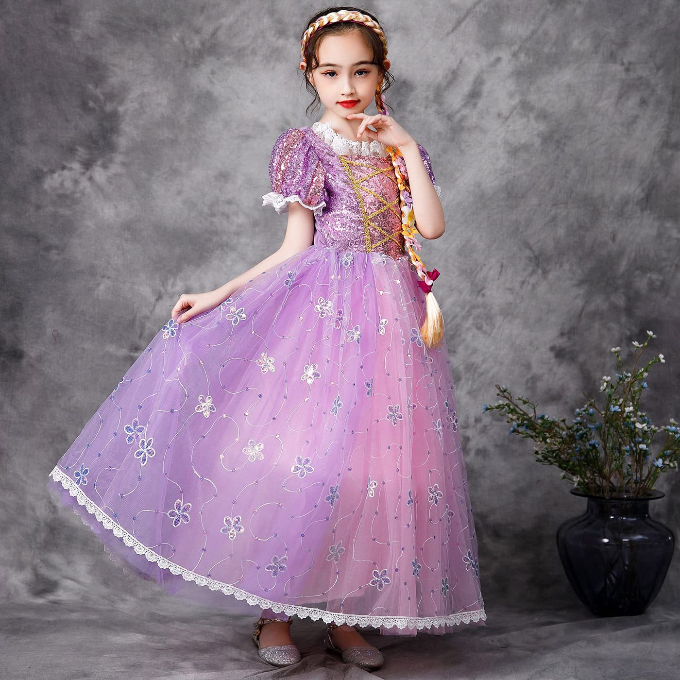 Kosplay Girls' Princess Rapunzel Costume Puff Sleeves Princess Fancy Dress Children's Princess Dress with Accessories Birthday Party Christmas Halloween Carnival Cosplay Dresses