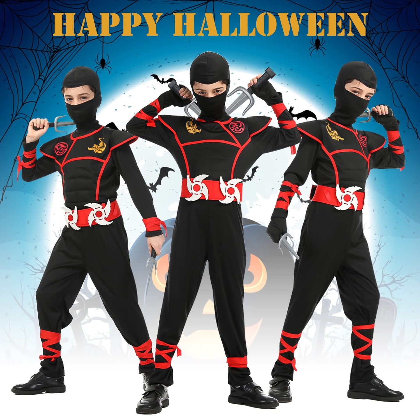 Aomig Kids Halloween Fancy Dress Costume with Ninja Accessories, Warrior Muscle Costume for Boys Girls, Luxury Role Play Outfit for Halloween Cosplay Theme Party (L)