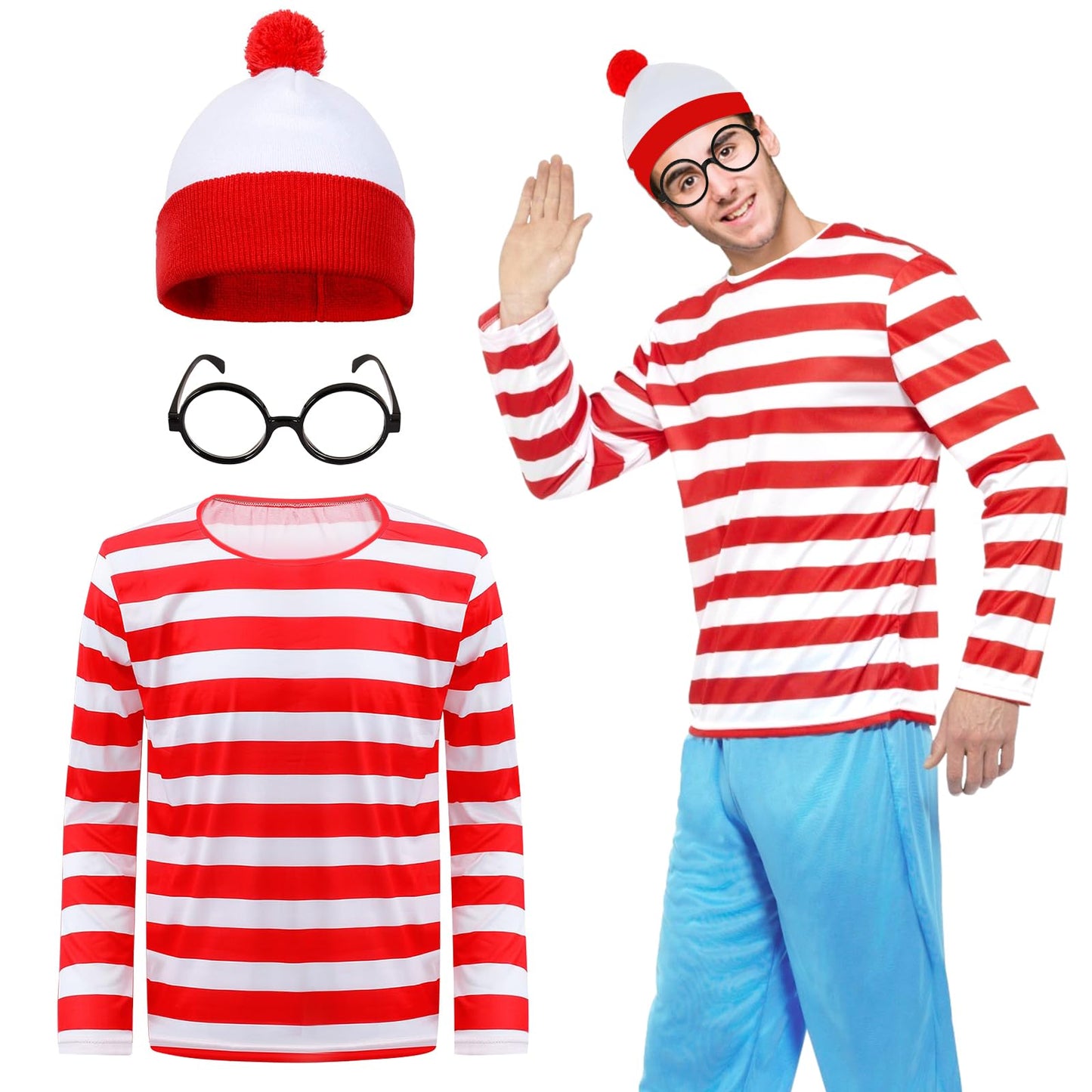 3PCS Men's Wally Costume Set,Cosplay Accessories Set with Red&White Stripe Long Sleeve Top Bobble Hat Black Nerd Glasses,90s Fancy Dress Costume for World Book Day Halloween Dress Up Day (Men, M)