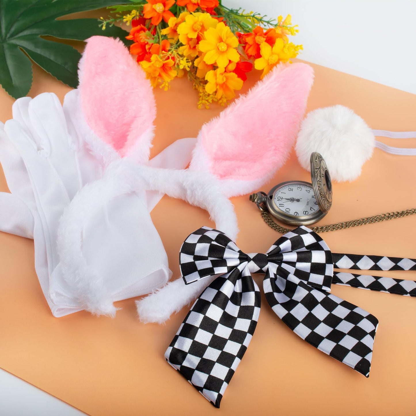 SSKHE 5PCS Bunny Costume Accessories Set,Wonderland Rabbit Fancy Dress Set,Rabbit Fancy Dress Costume Accessory Set with White Ears, Bowtie,Tail,Nose, Gloves for adults