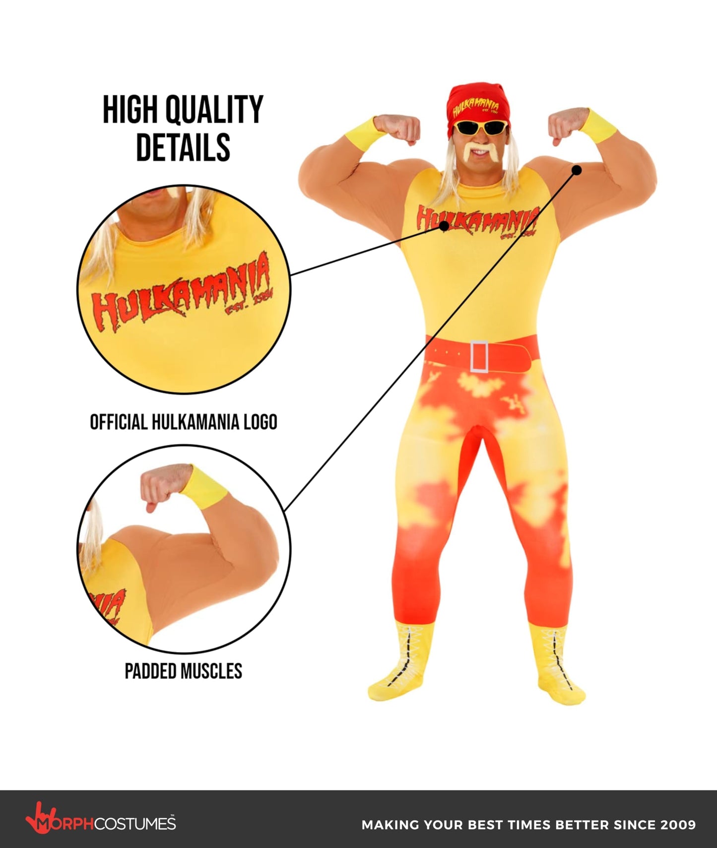 Morph Hulk Hogan Costume Adult, Hulk Hogan Fancy Dress, WWE Wrestling Costume, 80s Costumes for Adults, Large