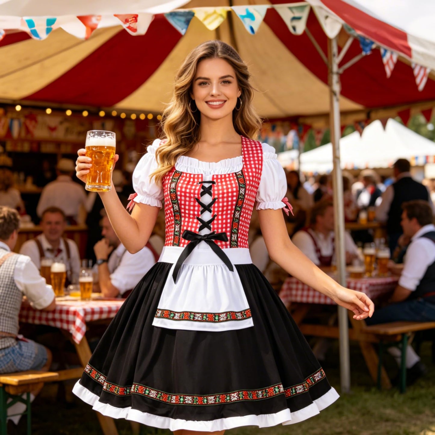 HAPNBCELE Oktoberfest Costume for Womens, German Dirndl Plaid Dress Traditional Beer Festival Bavarian Carnival Halloween (Red Plaid, Large)