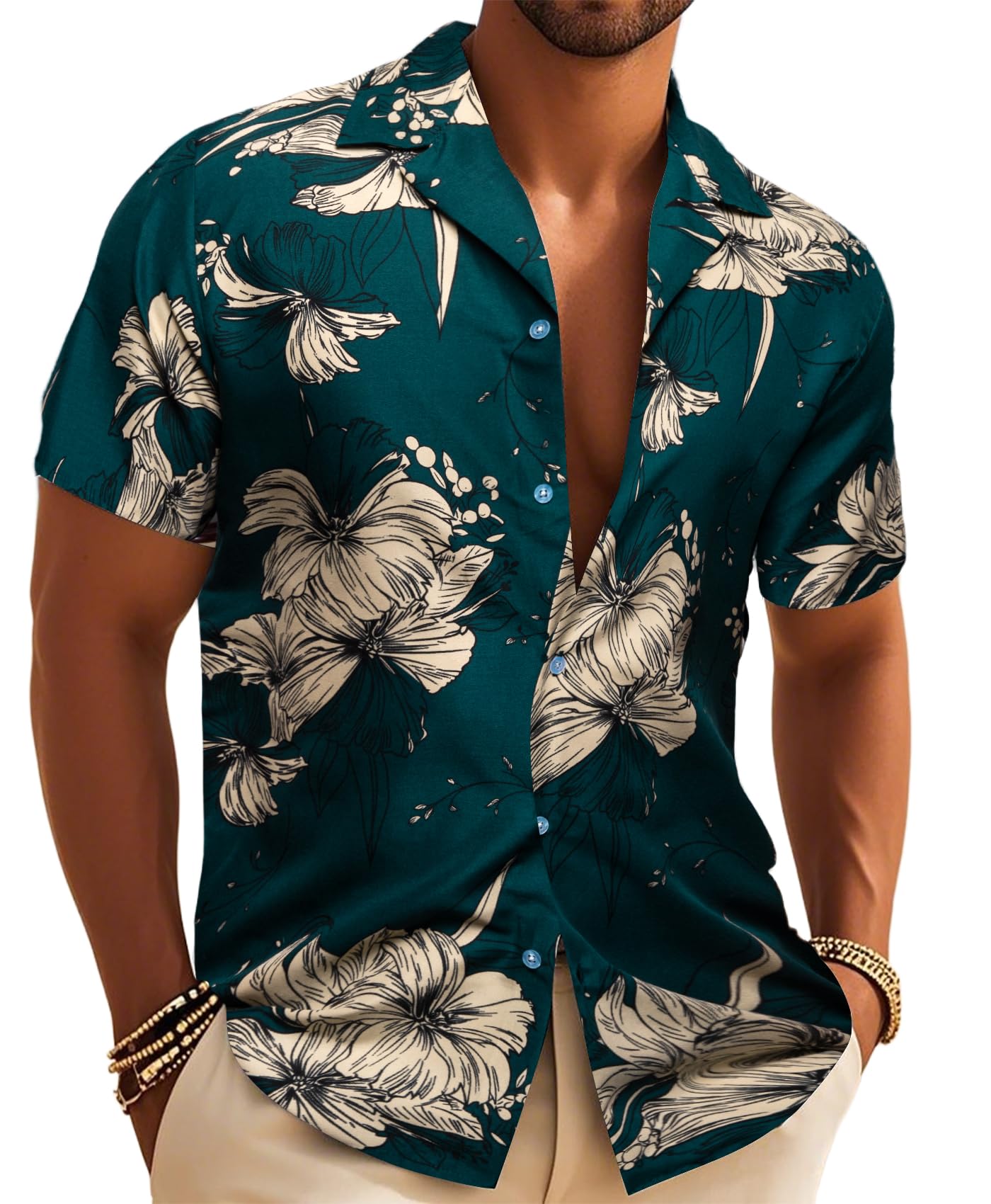 Mens Hawaiian Shirts Short Sleeve Summer Funky Floral Cuba-Neck