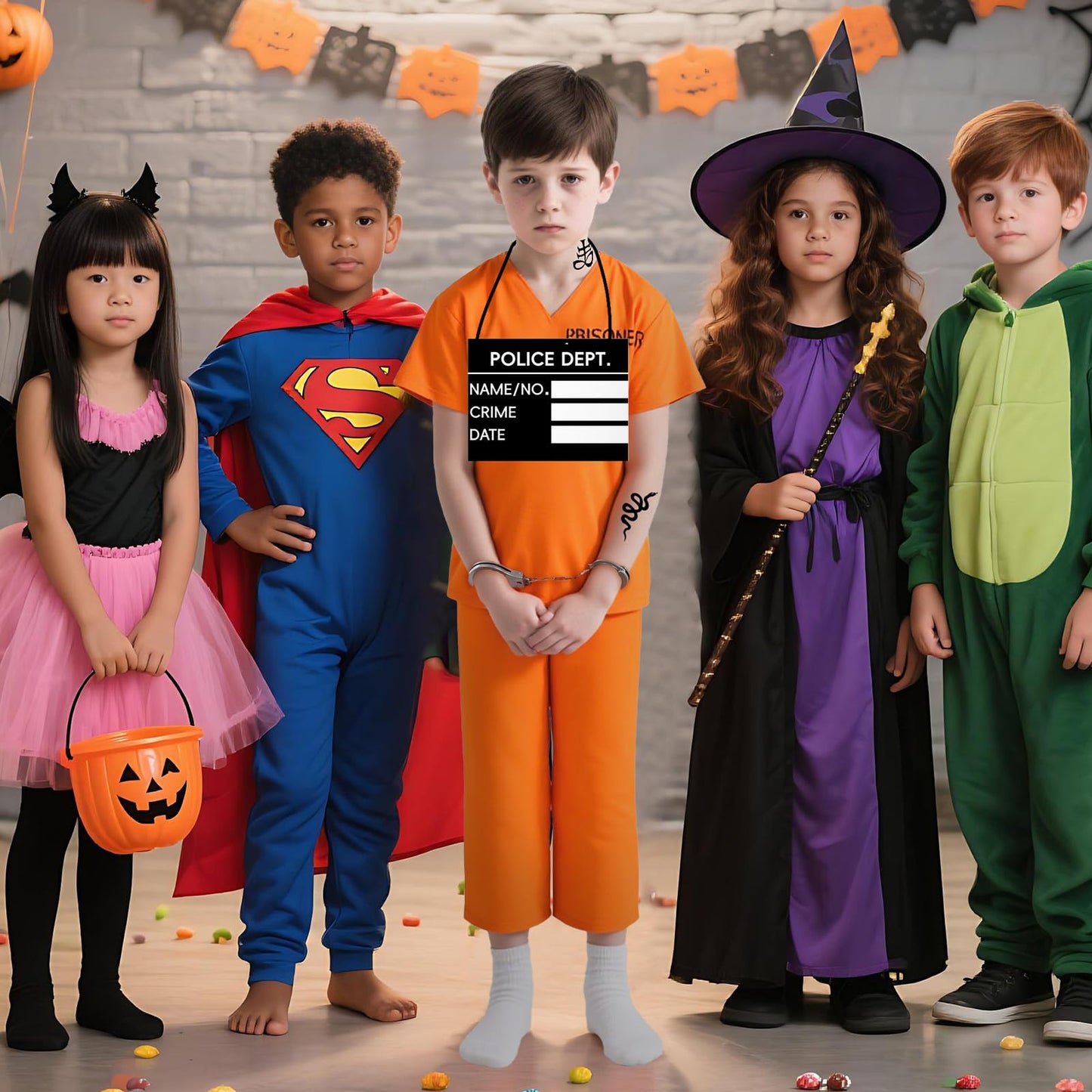 JoyFuncos Kids Orange Prisoner Costume Prison Convict Outfit Halloween Jail Criminal Jumpsuit Pant Set for Boys Girls Cosplay Party (M)