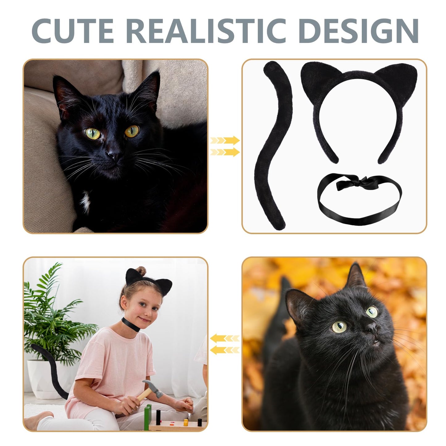 Cat Ears and Tail Set with Bells - Black Cat Costume with Cat Ears