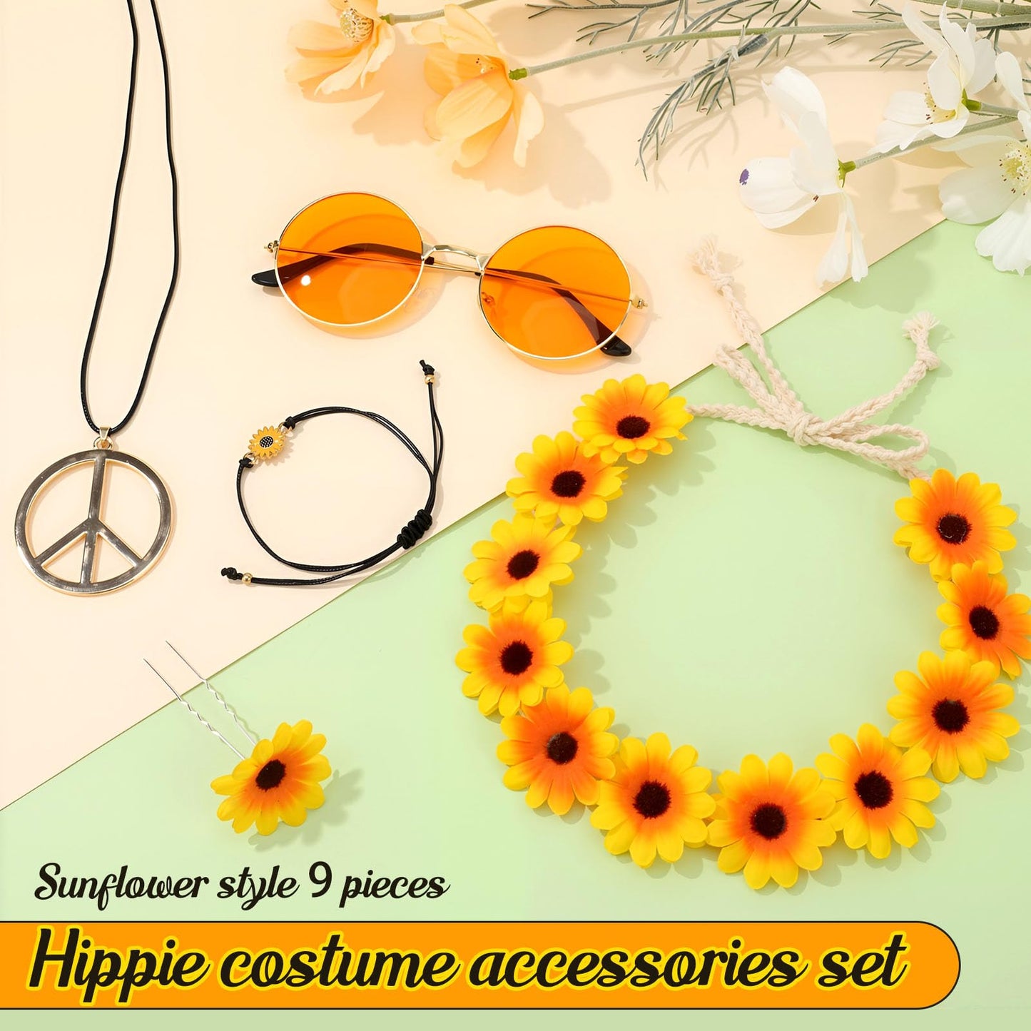 GSrenyu 9 PCS Hippie Accessories, Hippie Costume for Women Includes Sunflower Headband, Flower Sunglasses, Daisy Hair Fork, Sunflower Bracelet, Peace Sign Necklace for 70s 80s Fancy Dress
