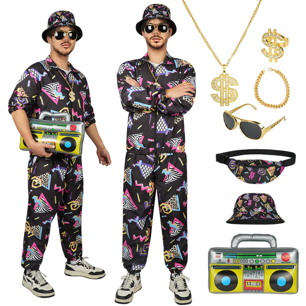 AYBUY 80s 90s Vintage Outfit for Men, 9 Pcs Retro Disco Outfit Set, Hip Hop Costume Outfit with Glasses and Jacket Hat for Disco Theme Party, Halloween, Music Festivals, Masquerade, Carnival (XL)