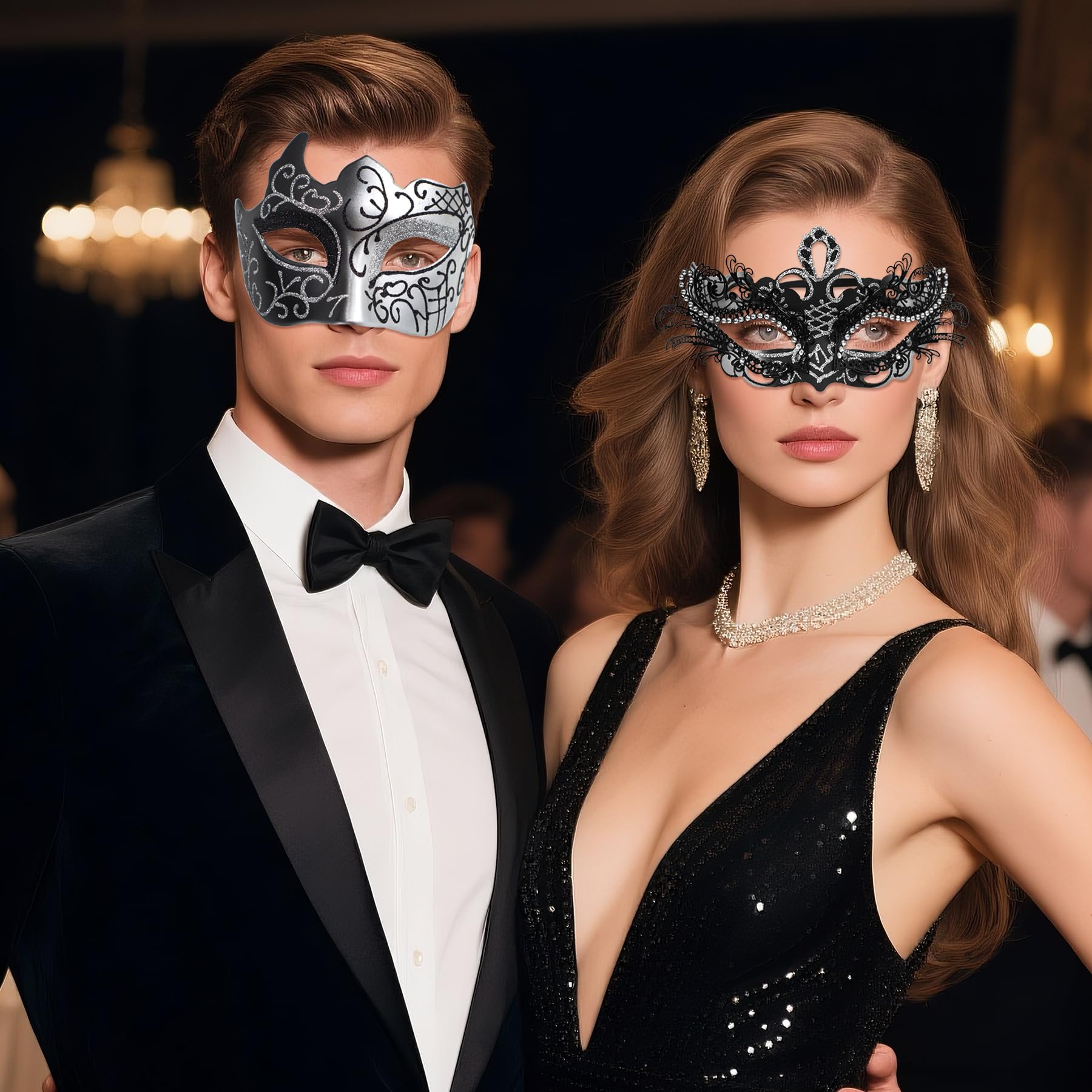 Masquerade Mask Couples Set: Black Rhinestones Metal Cosplay (image 3)