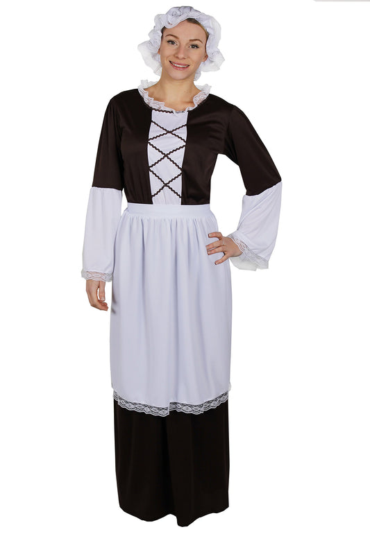 Ladies Tudor Maid Costume - XLarge - Including Brown Long Dress With Detailing on the Sleeve + White Apron + White Mop Cap Perfect for Any Themed Fancy Dress Party