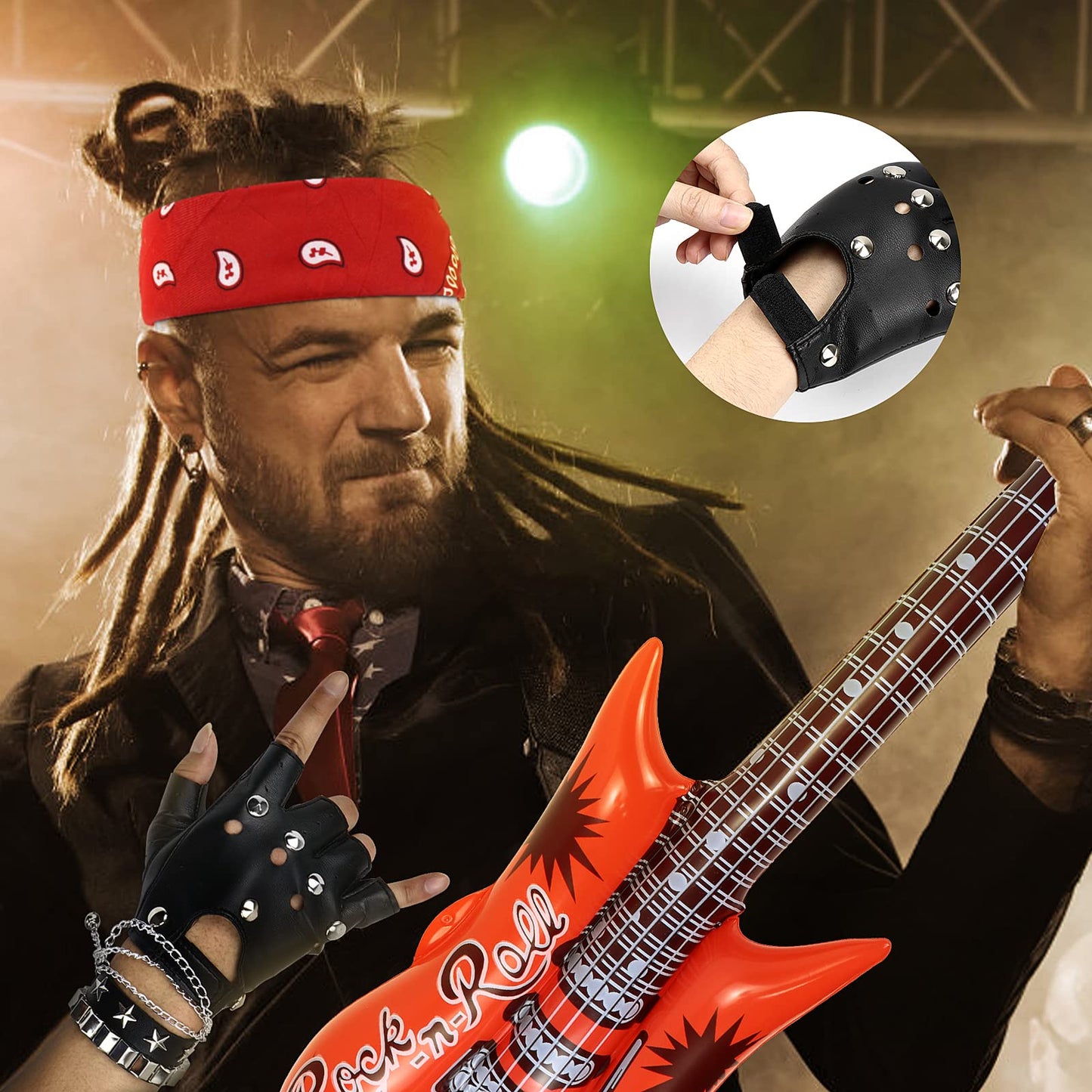Dreamtop 10Pcs Punk Rockstar Fancy Dress Gothic Rocker Costume Set Rock Star Accessories with Gloves Sunglasses Bandana Tattoo Sleeves Bracelet Ring Inflatable Guitar Microphone