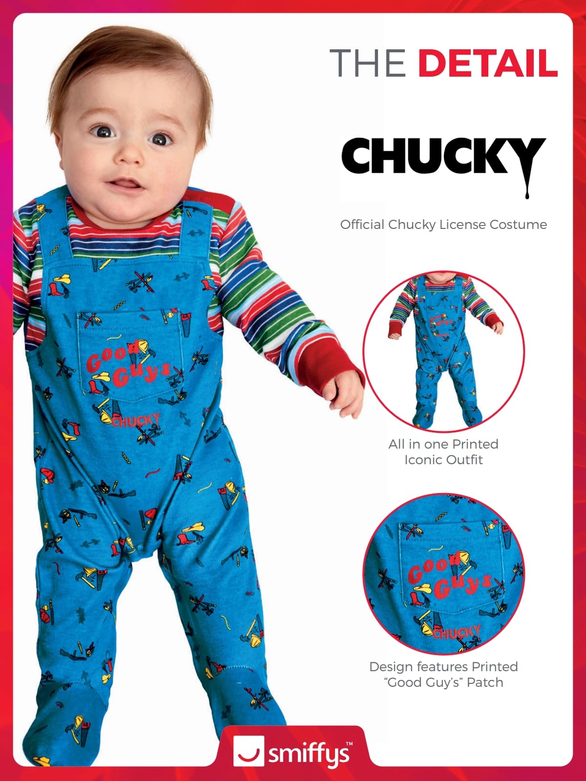 Smiffys Chucky Baby Costume in Blue and Red, All-in-One Bodysuit, Officially Licensed, Printed Iconic Outfit with Good Guy's Patch, Perfect for Halloween and Matching Family Costumes