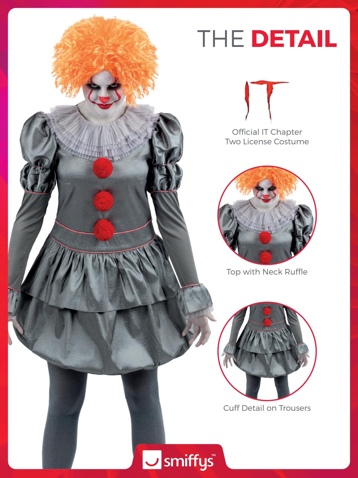 Smiffys IT Chapter Two Pennywise Costume for Adults, Dress with Neck Ruffle and Tights, Grey, Officially Licensed, Ideal for Halloween, Stag and Hen Nights, and Playful Fancy Dress