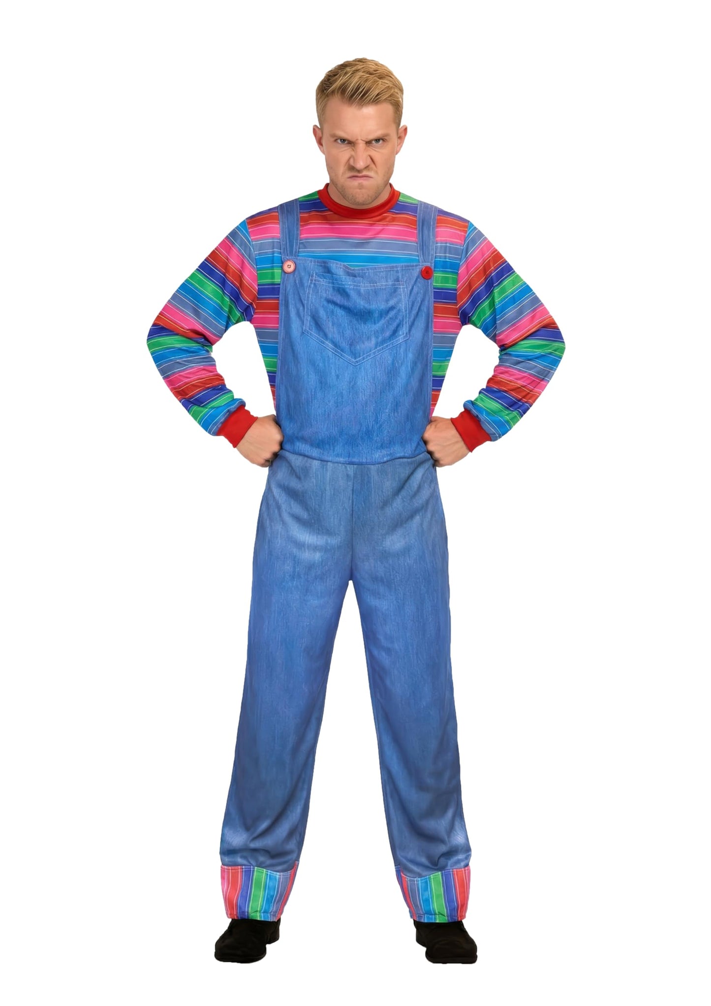 HENBRANDT Adult Killer Doll Costume - Iconic Horror Movie Character Blue Denim Jumpsuit with Multicoloured Striped Sleeves for Halloween Cosplay Fancy Dress Party Unisex One Size