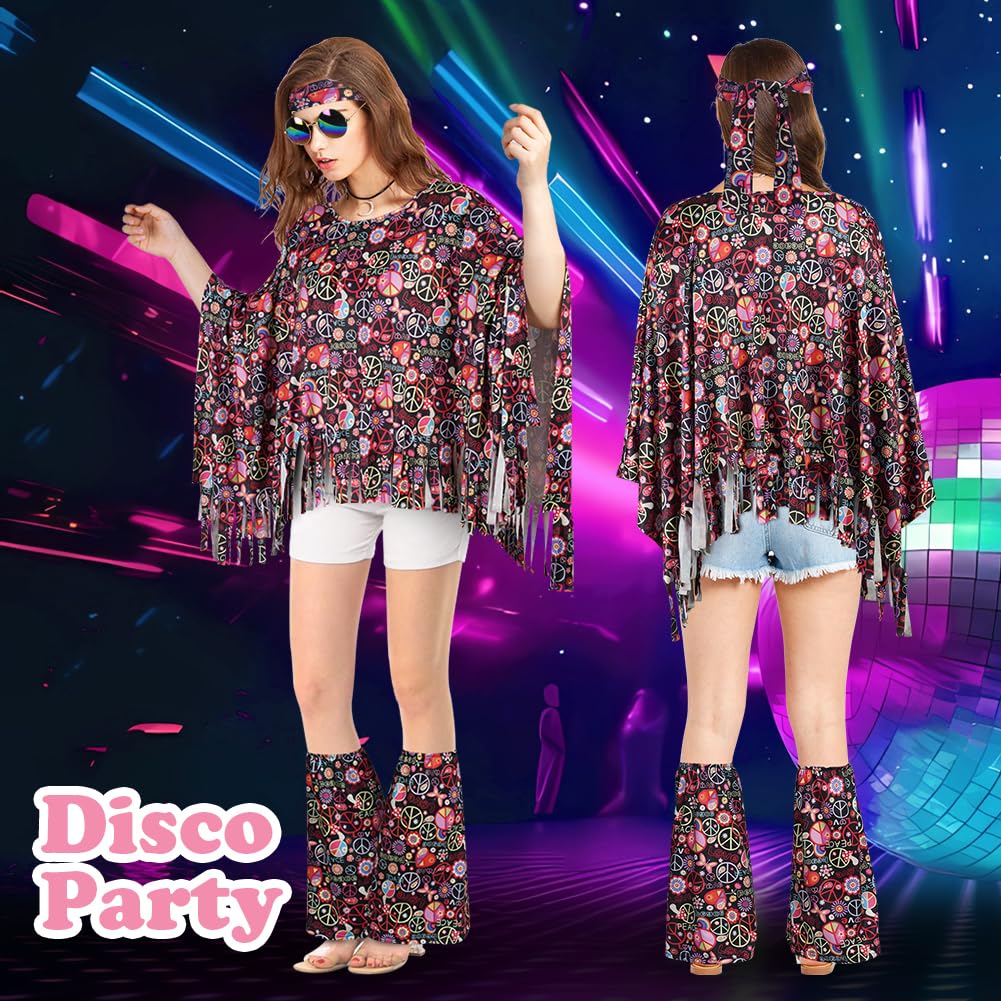 AOOWU Hippie Costume Accessories Set, 10 Pcs 70s Fancy Dress Women Disco Hippie Costume Outfits, Hippie Clothing Set with Hippie Cape Legs Sleeves Headband Sunglasses Earrings