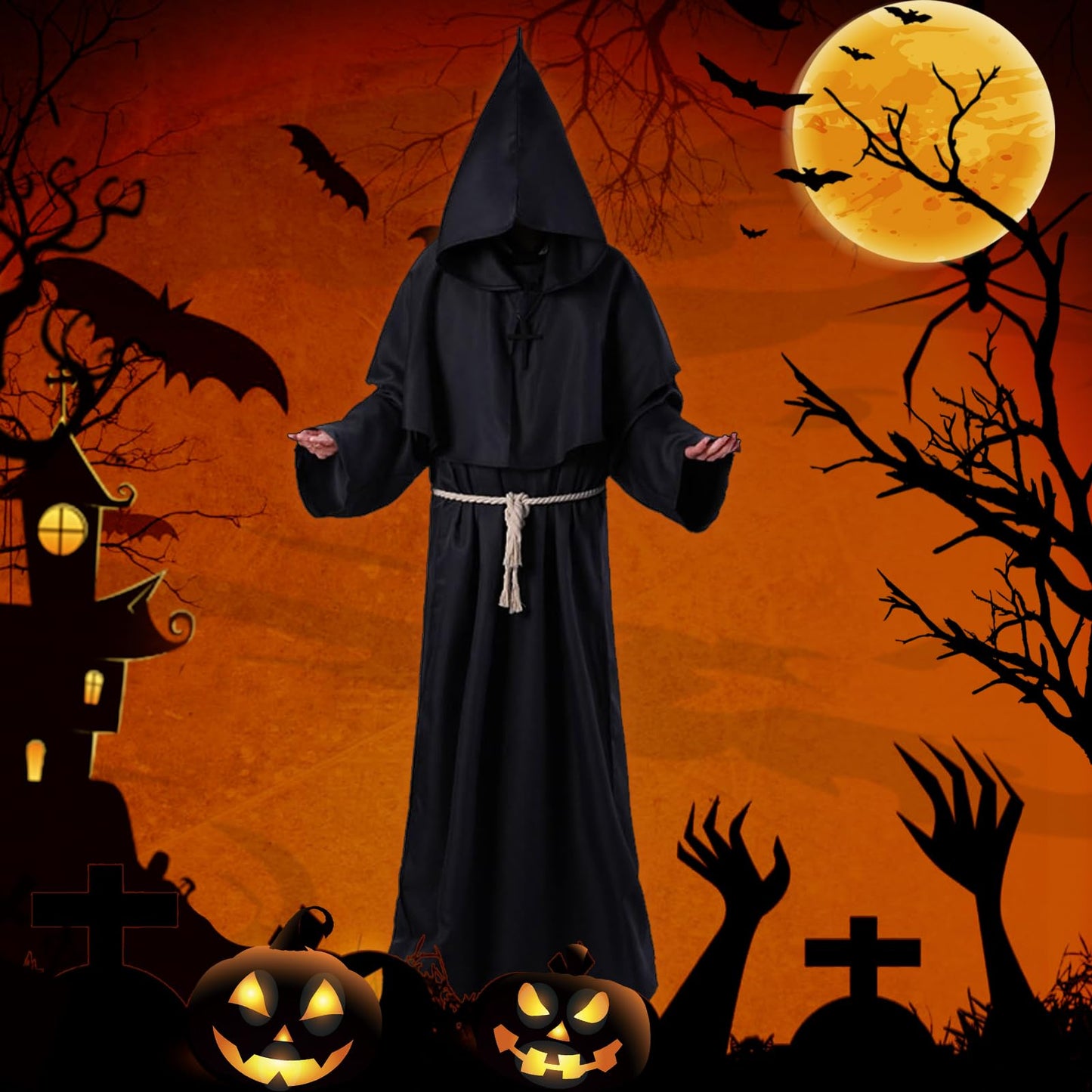 WenYa Monk Costume Set for Adults, Complete Medieval Priest Robe with Detachable Hood, Adjustable Rope Belt and Wooden Cross Necklace for Halloween Cosplay and Renaissance Themed Events