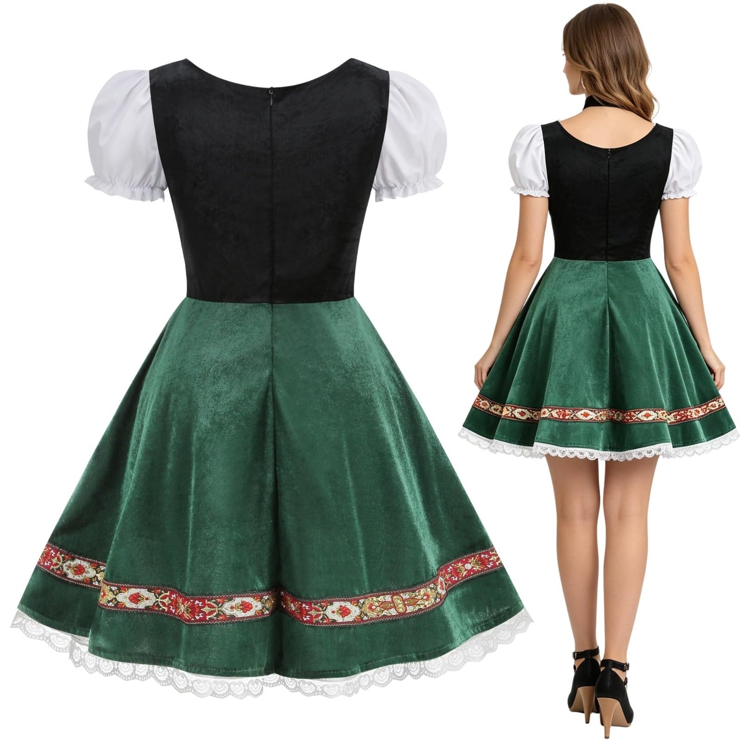 HAPNBCELE Oktoberfest Costume for Womens, German Dirndl Dress Puff-Sleeves Traditional Bavarian Carnival Halloween Outfits (Green, X-Large)