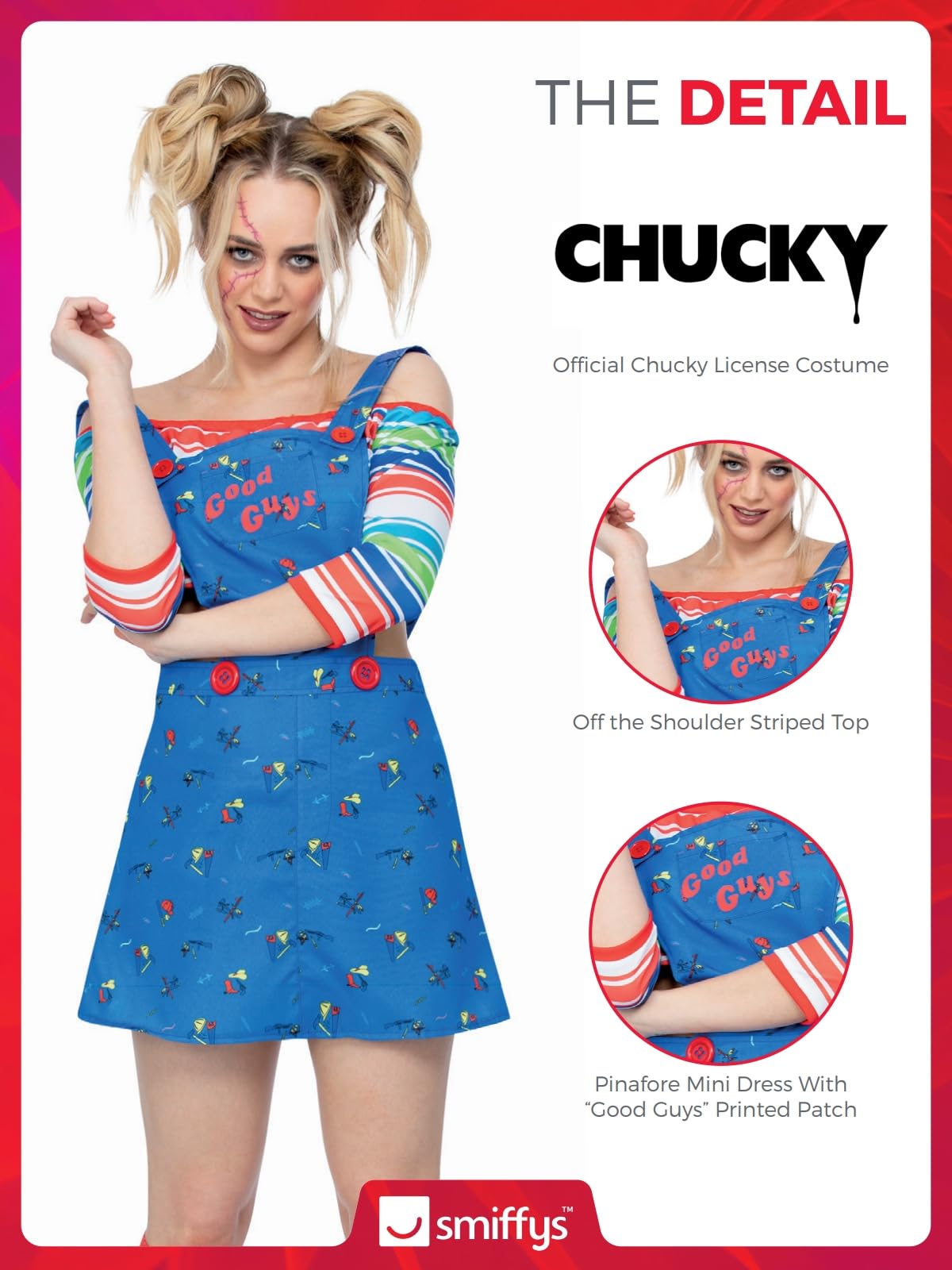 Smiffys Chucky Costume for Adults, Pinafore Mini Dress and Top, Officially Licensed, Off-the-Shoulder Striped Top, Ideal for Halloween and Matching Family or Pet Fancy Dress