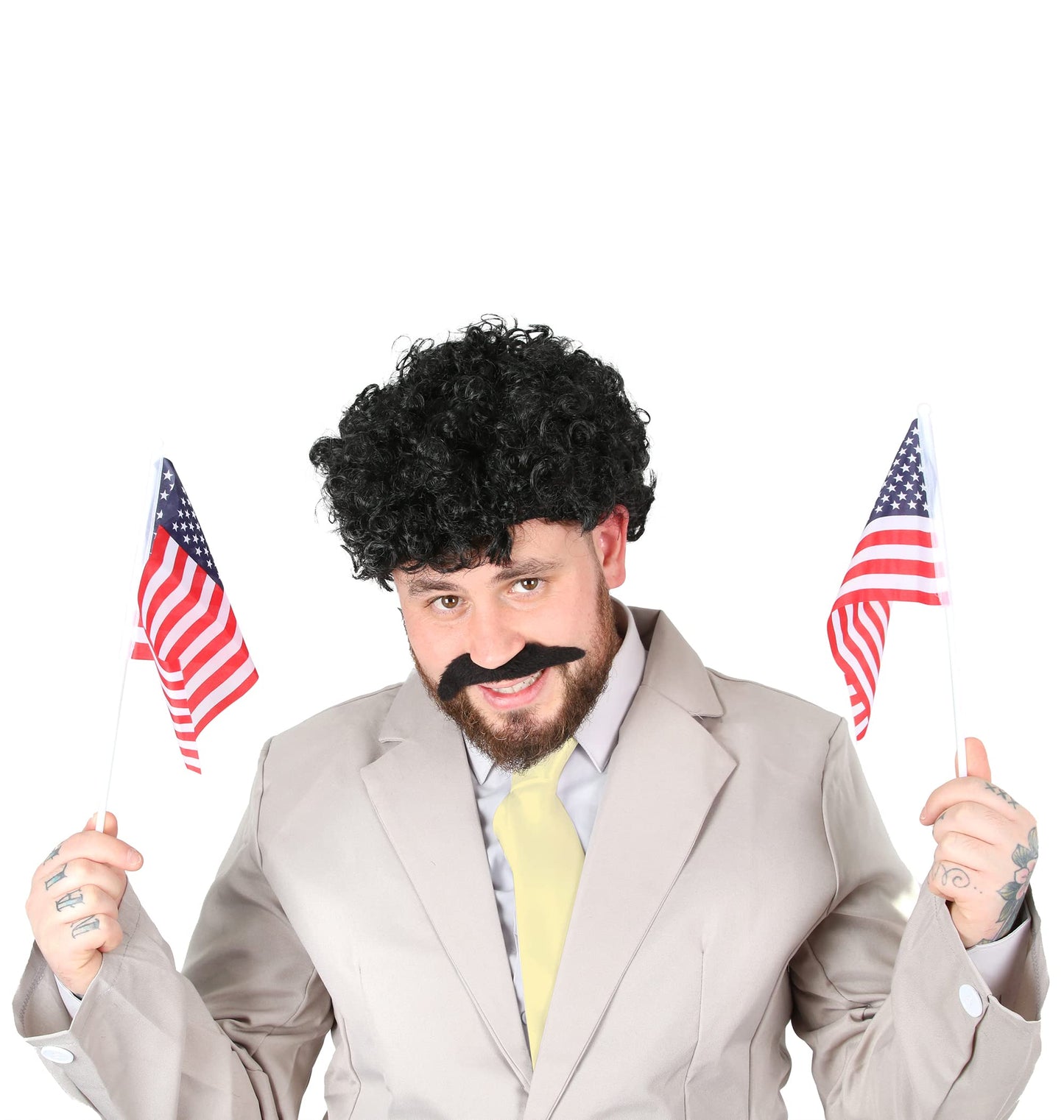 Mens Funny Journalist Costume - Grey Suit + White Tie + Curly Black (image 4)