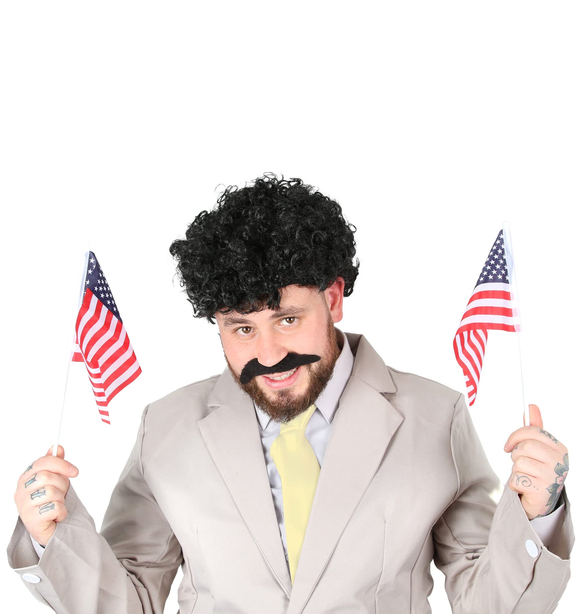 Mens Funny Journalist Costume - Grey Suit + White Tie + Curly Black (image 4)