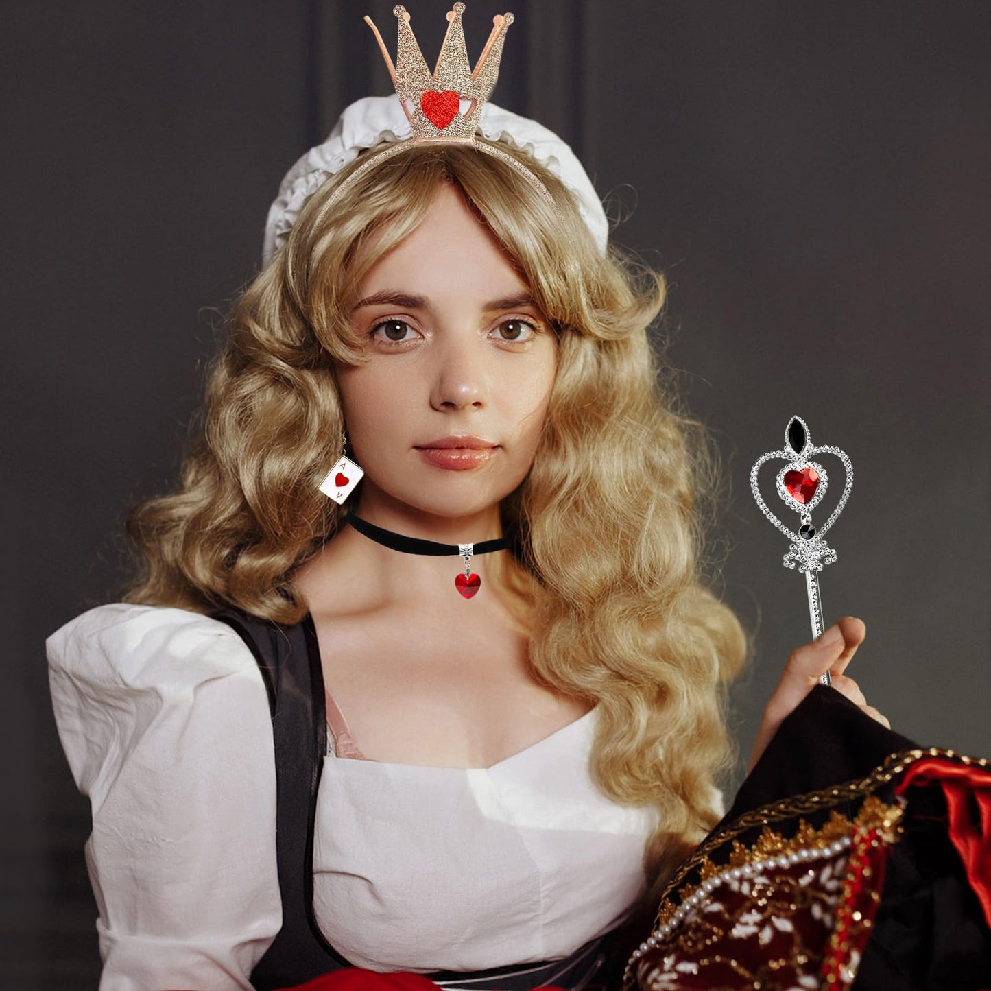 9 PCS Red Heart Queen Costume Set with Wand Headband Choker Necklace Earrings for Girls and Women - Cosplay Carnivals World Book Day Dress Up Accessories