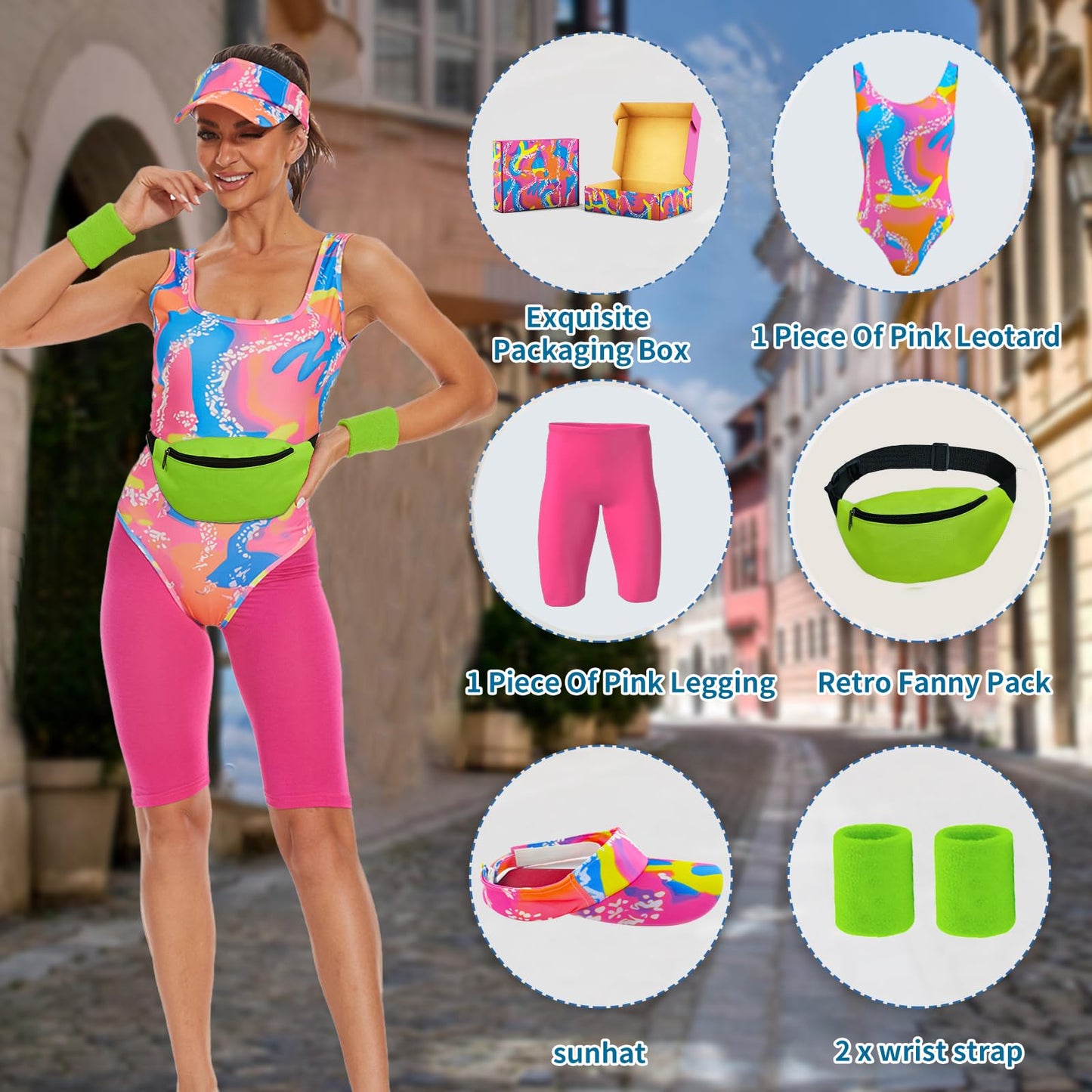 OPAEHJF 80s Workout Costume for Women Halloween Cosplay Couples Outfits Swimwear Suit 80s 90s Workout Costume Outfit 5Pcs Set (L)
