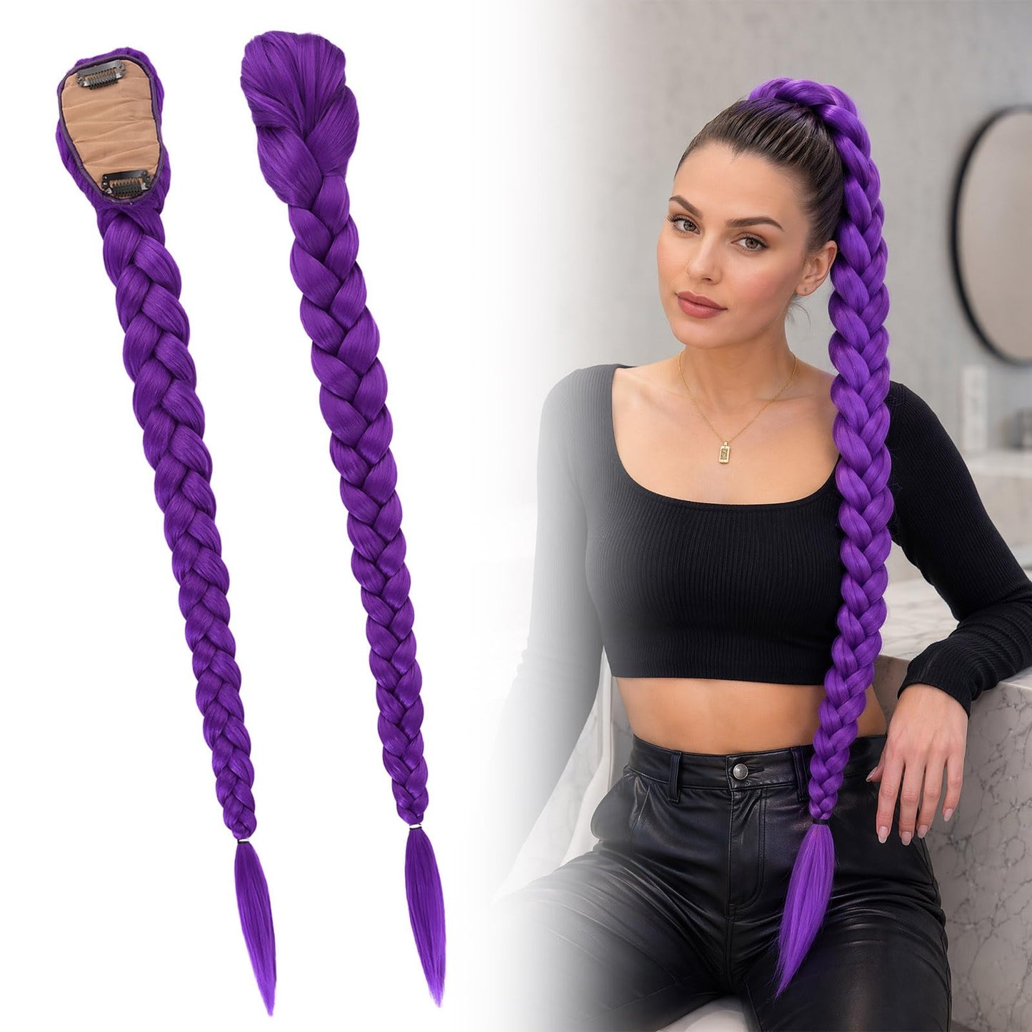 Purple Wig Braided Ponytail Hair Extensions for Women and Girls