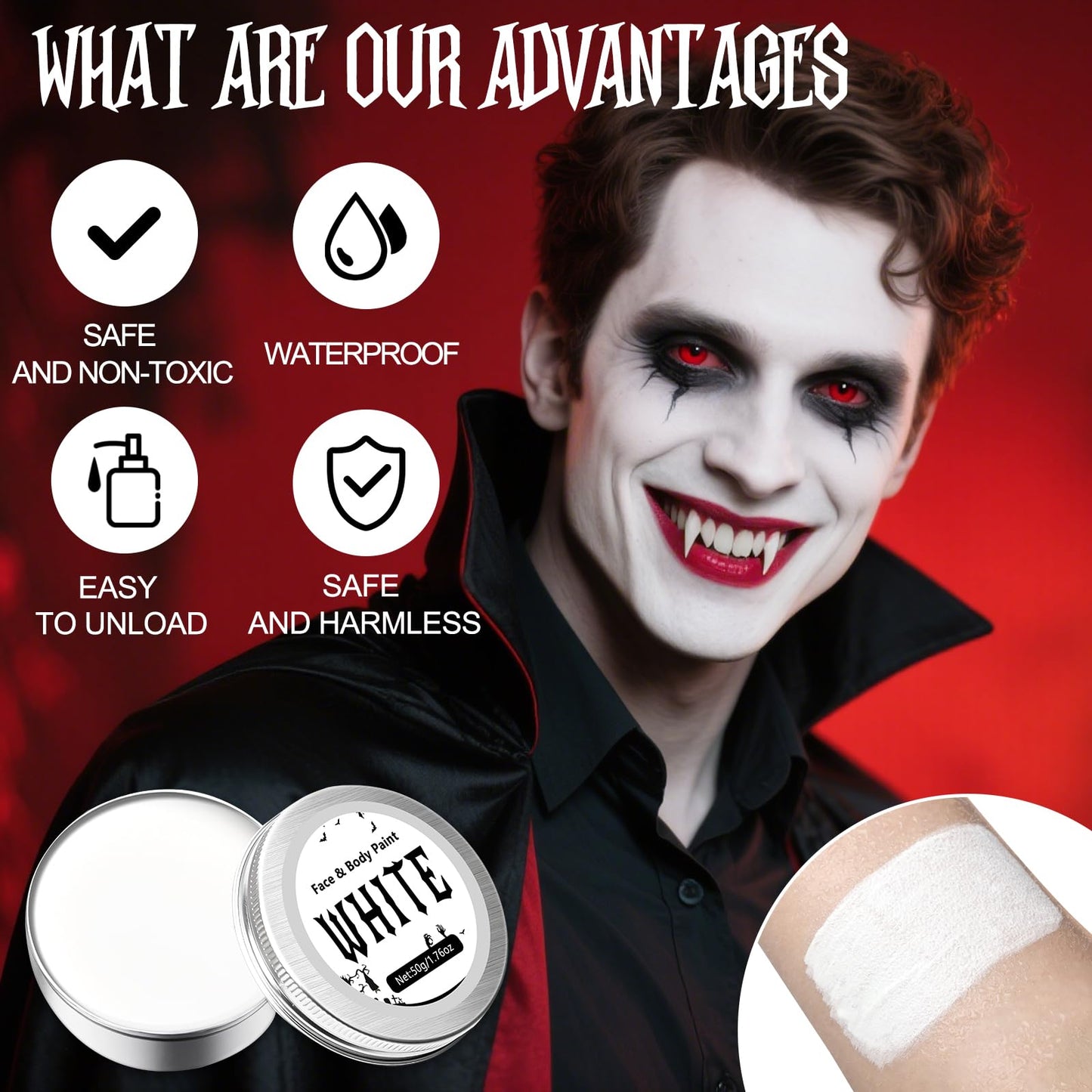 50g White Face Paint Halloween - 1.76oz Halloween Makeup Kit Kids Adults With Brushes, Professional Body Paint Set for Zombie Vampire Skeleton Joker Clown Witch Day of the Dead, Fancy Dress Festivals