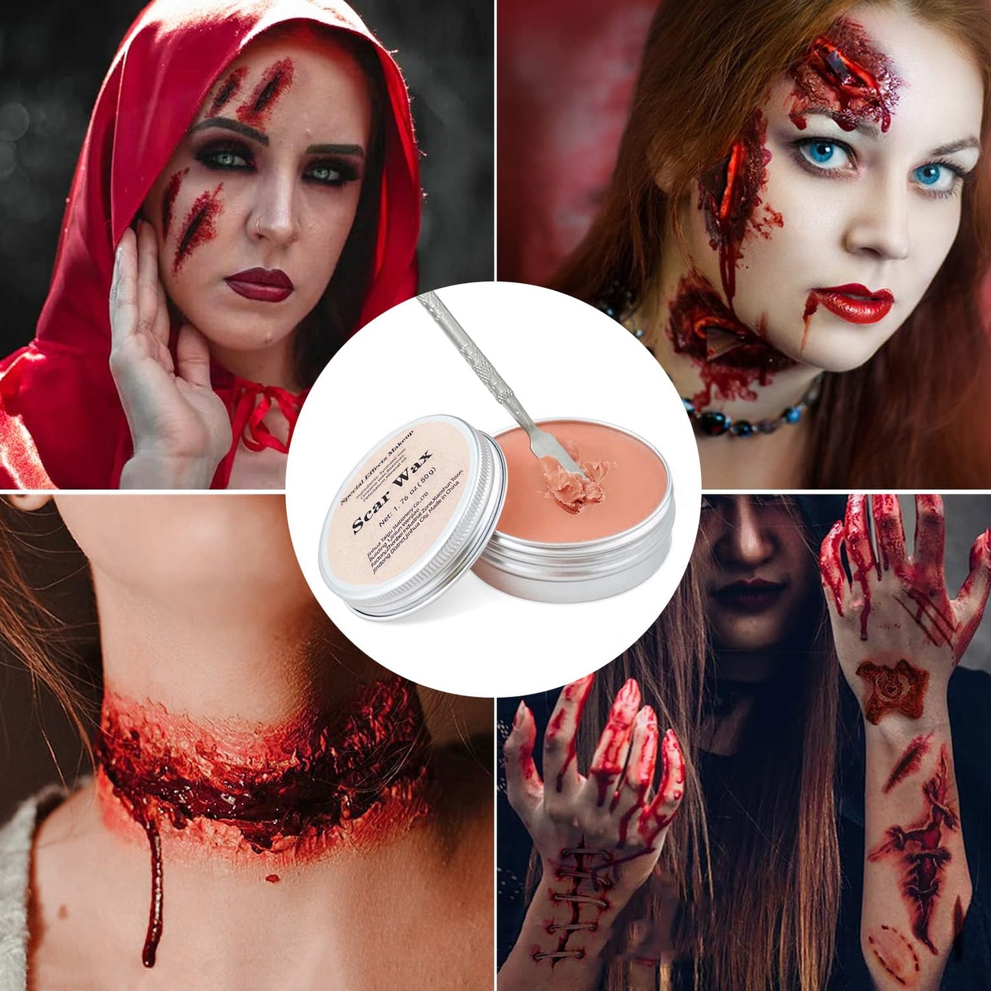 Halloween Makeup Kit, Scar Wax SFX Makeup Kit Fake Blood Set, Kit Includes Scar Wax, 6 Colors Bruise Face Body Paint Crayon, Fake Blood Spray+Dripping+Coagulated Gel, Spatula Sponges Tool (Set A)