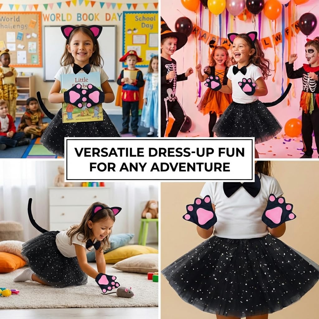 Cat Costume for Girls Kids Animal Fancy Dress with Black Tutu Skirt (image 3)
