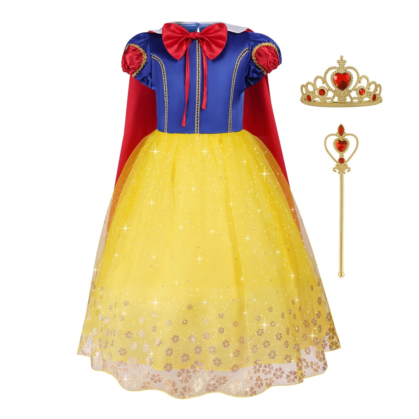 Aomig Girls White Snow Costume, Deluxe White Snow Princess Fancy Dress With Crown Wand and Red Cape, White Snow Princess Dress Up for Girl Birthday Bridesmaid Christmas Carnival Halloween Cosplay(120)