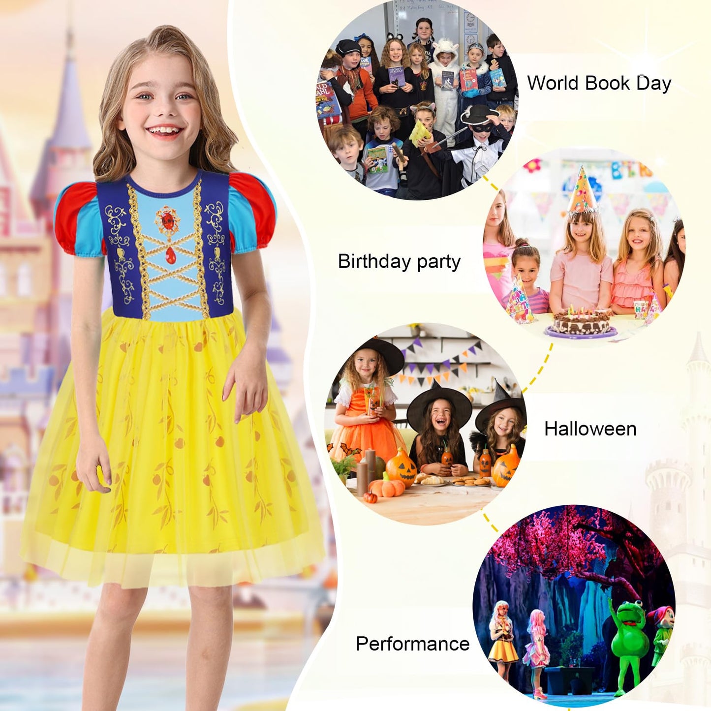 Berich Yellow Princess Costume with Headband Princess Dress up Halloween Christmas Gifts World Book Day Costume Kids Dress up 4-5 Years(Yellow,120)