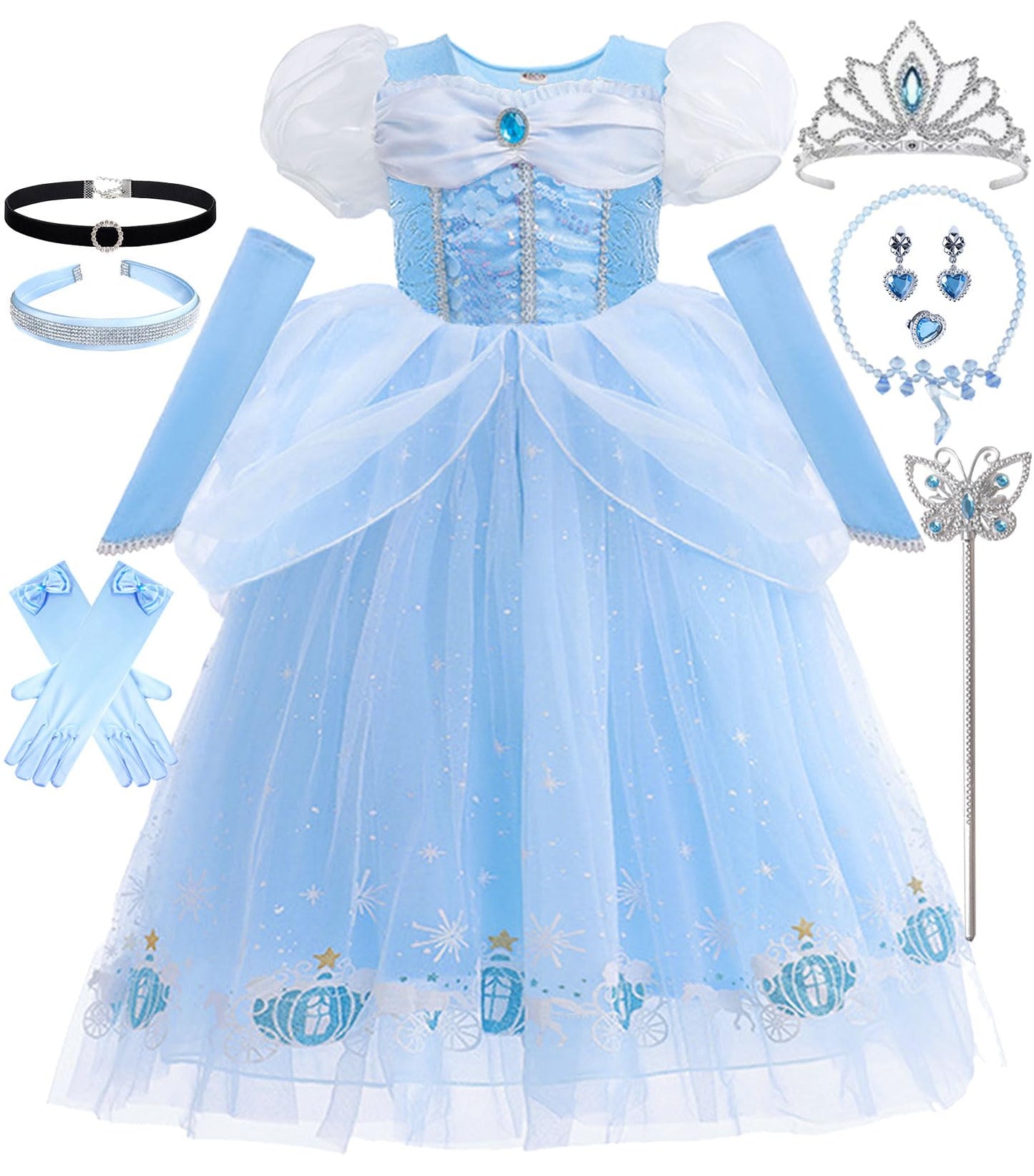 Snyemio Princess Dress for Girls Blue Costume Kids Fancy Dressing Up Tulle for Birthday Party Cosplay Outfits, 2-3 Years(Label 100)