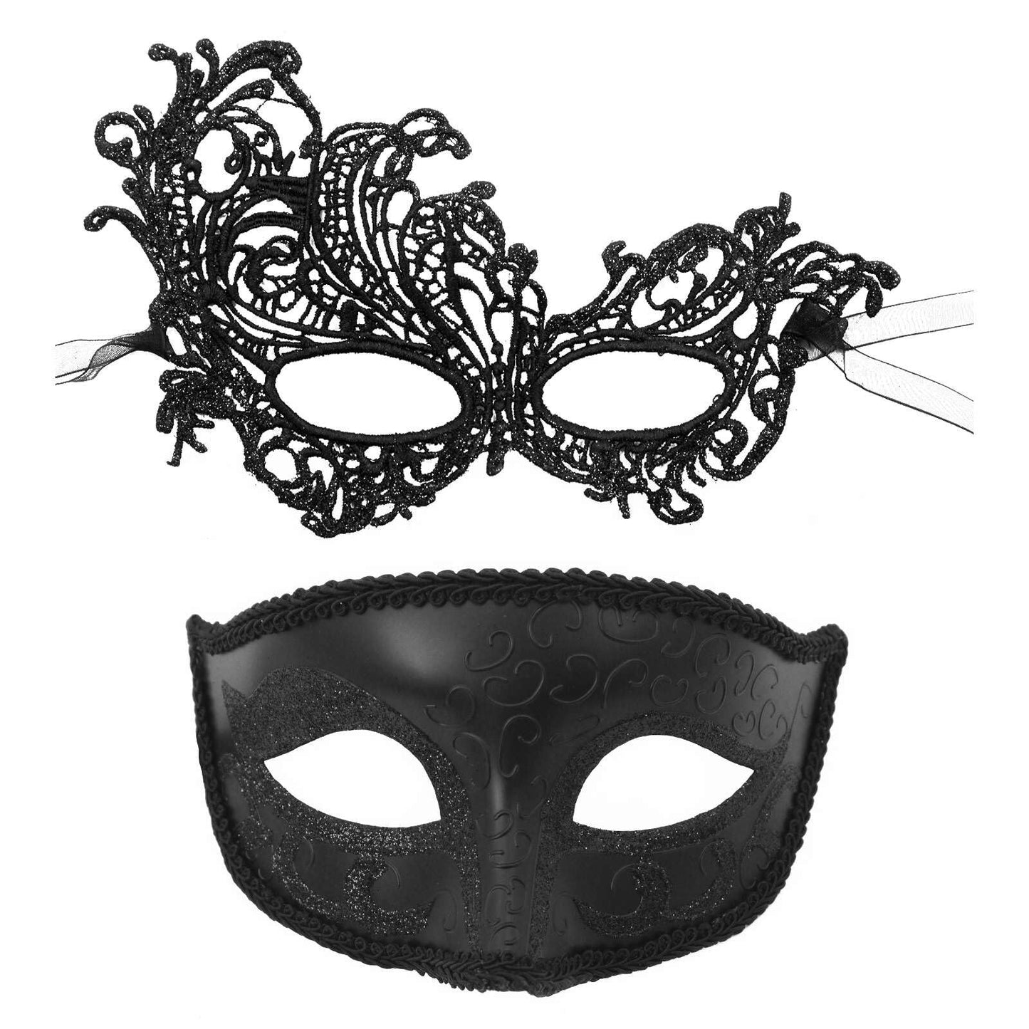 SHIFANQI 2Pcs Masquerade Mask for Men Women, Vintage Venetian Mask for Ball Party, Mardi Gras, Halloween Fancy Dress Party, Eye Lace Mask Costume, Black