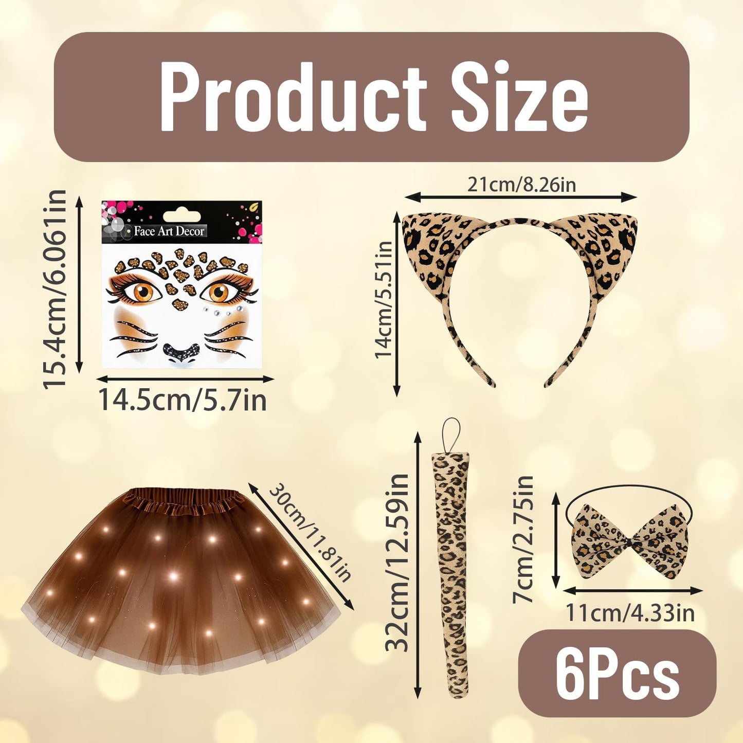 6 PCS Leopard Costume, Halloween Costumes, 5 PCS Cheetah Costume Set for Teens Adults, Leopards Ears Bow Tie Tail Tutu Stockings Stickers, Leopard Accessories for Carnival World Book Day Halloween