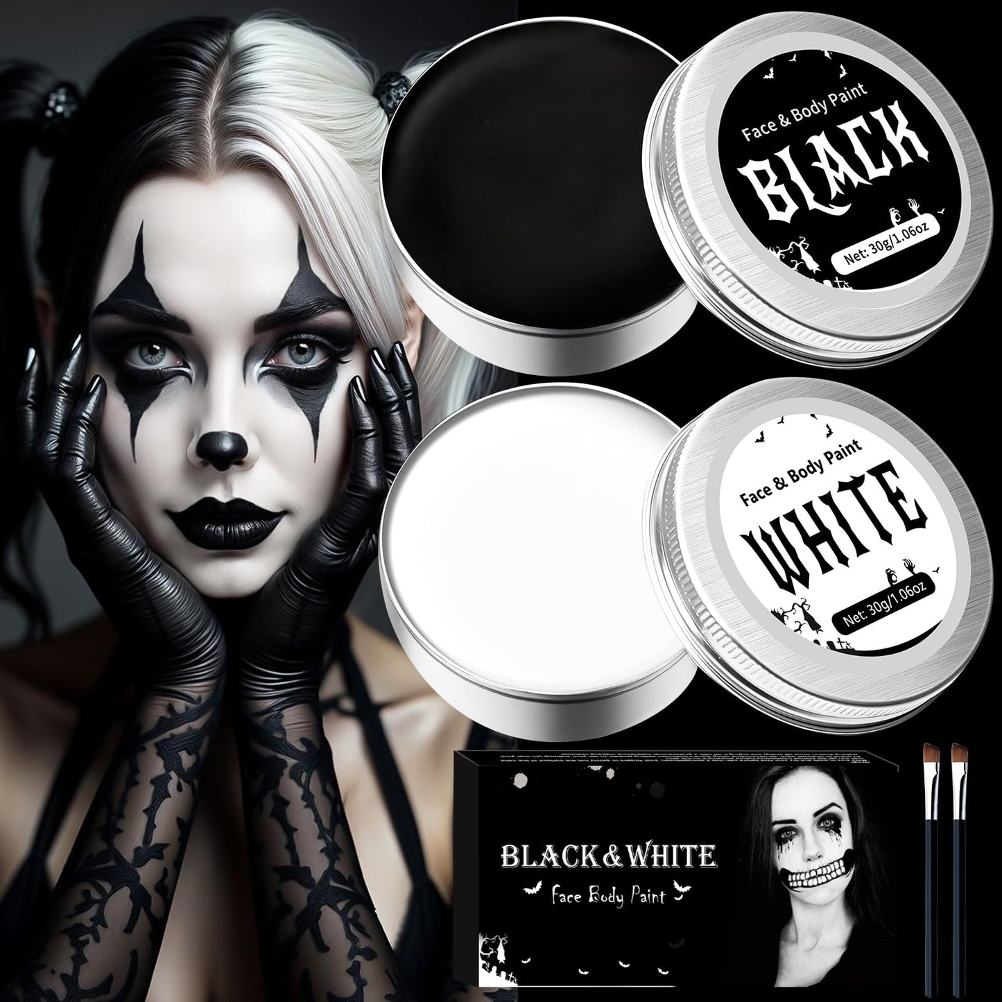 White Black Face Paint Makeup Halloween - 60g Halloween Make Up Kit Kids Adults, Halloween Face Paints Kit for Children, Skeleton Zombie Clown Makeup Halloween, Body Paint for Fancy Dress Festivals