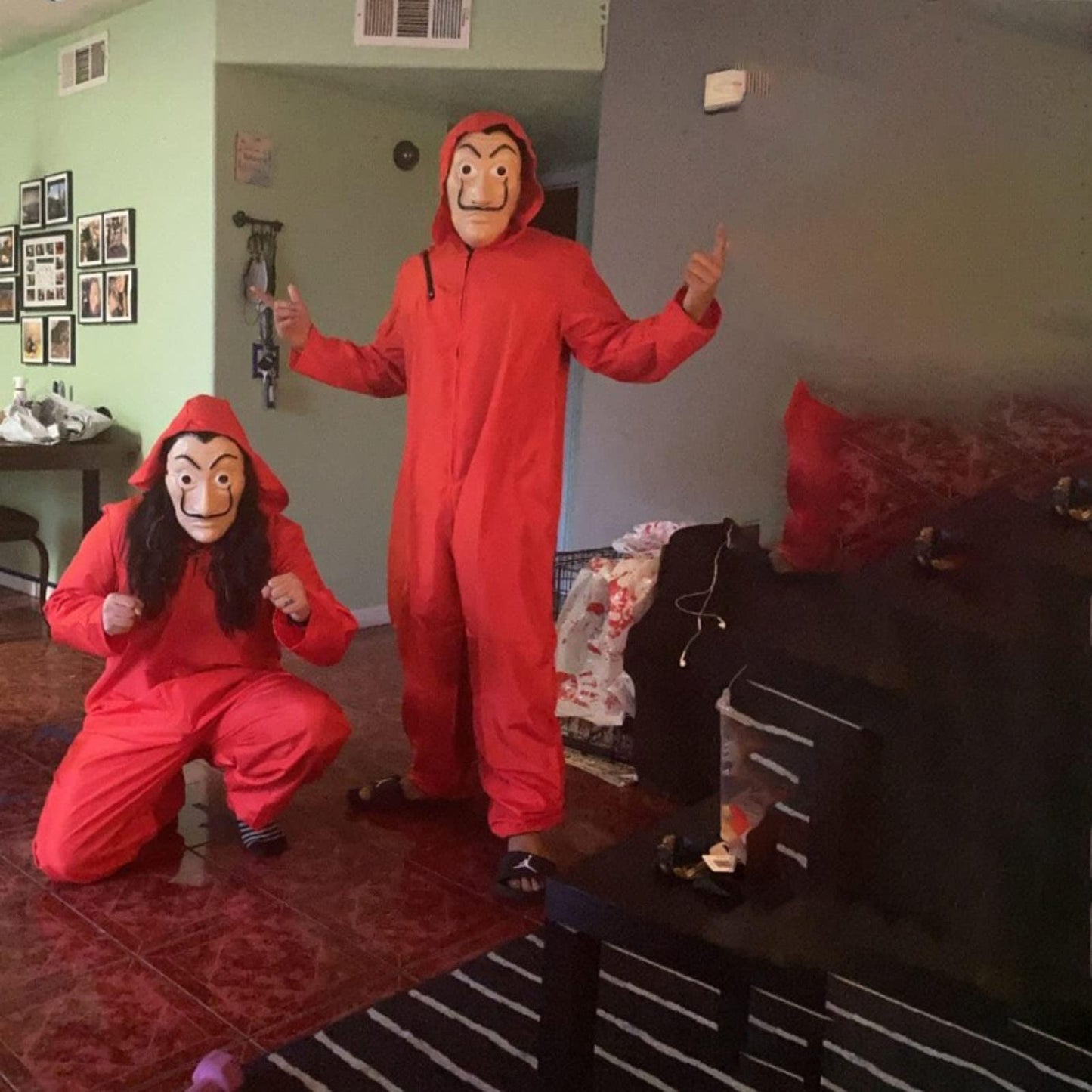 Anxicer Halloween Bank Robber Jumpsuit - Long Sleeve Red Romper with Hood & Mask, Carnival Thief Costume Set (Adult-S-160-170)