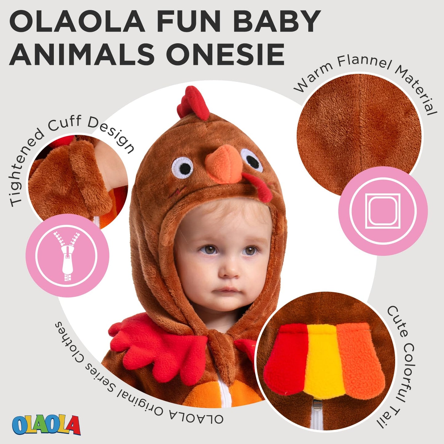 OLAOLA Toddler Onesie Unisex Soft Flannel Romper Baby Animal Costume Outfit Infant Cartoon Hooded Jumpsuit (Turkey, 18-24 Months)
