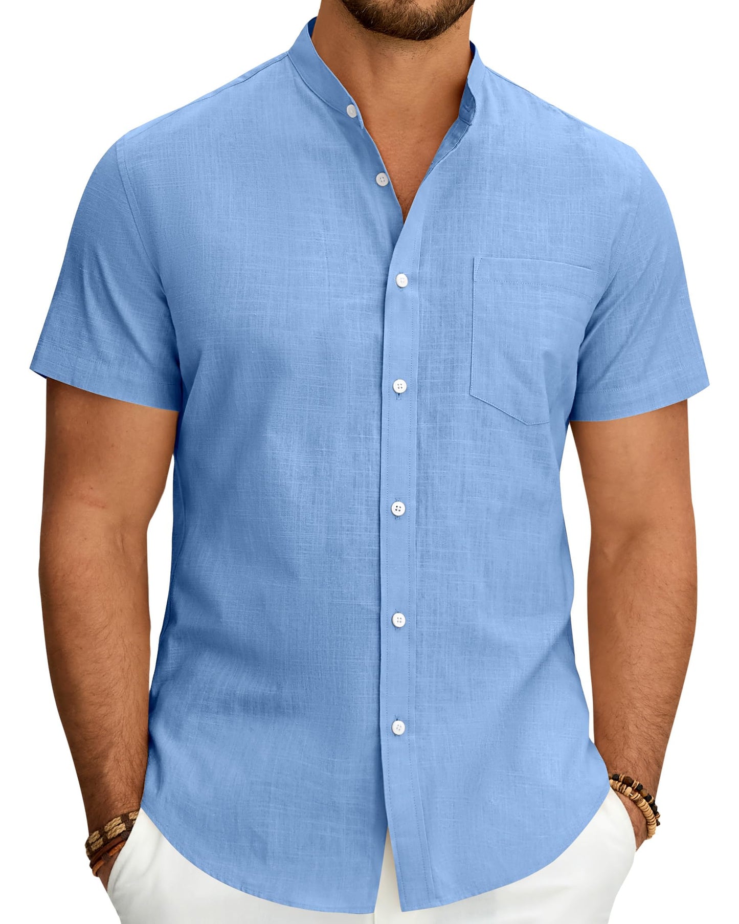Linen Short Sleeve Shirts Men Grandad Collar Button Down Casual